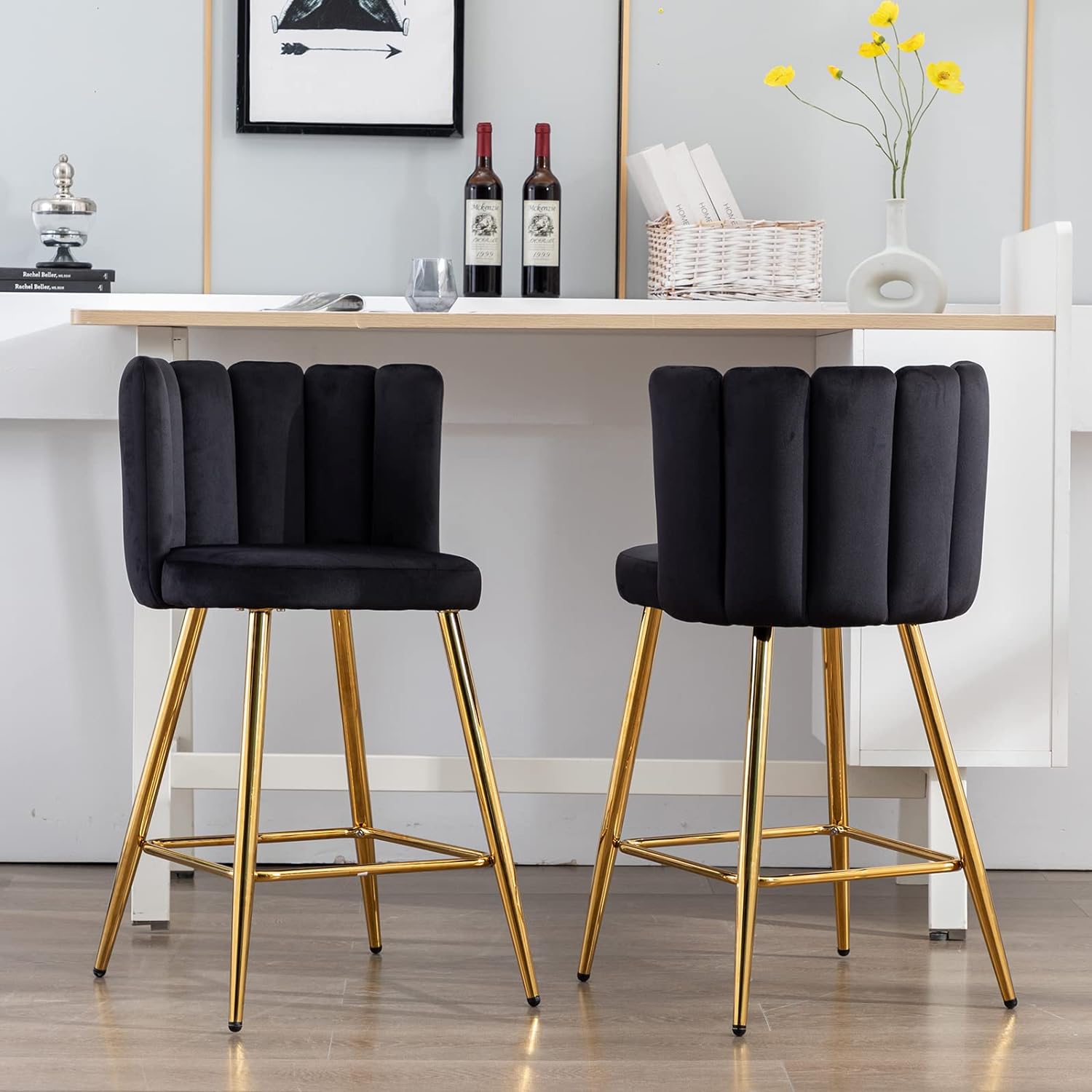 ZSARTS Black Velvet Bar Stools Set of 2, 26 Modern Gold Counter Height Barstools with Back Upholstered Kitchen Island Chairs with Gold Metal Legs for Bar Kitchen Island Bar Pub(Black)