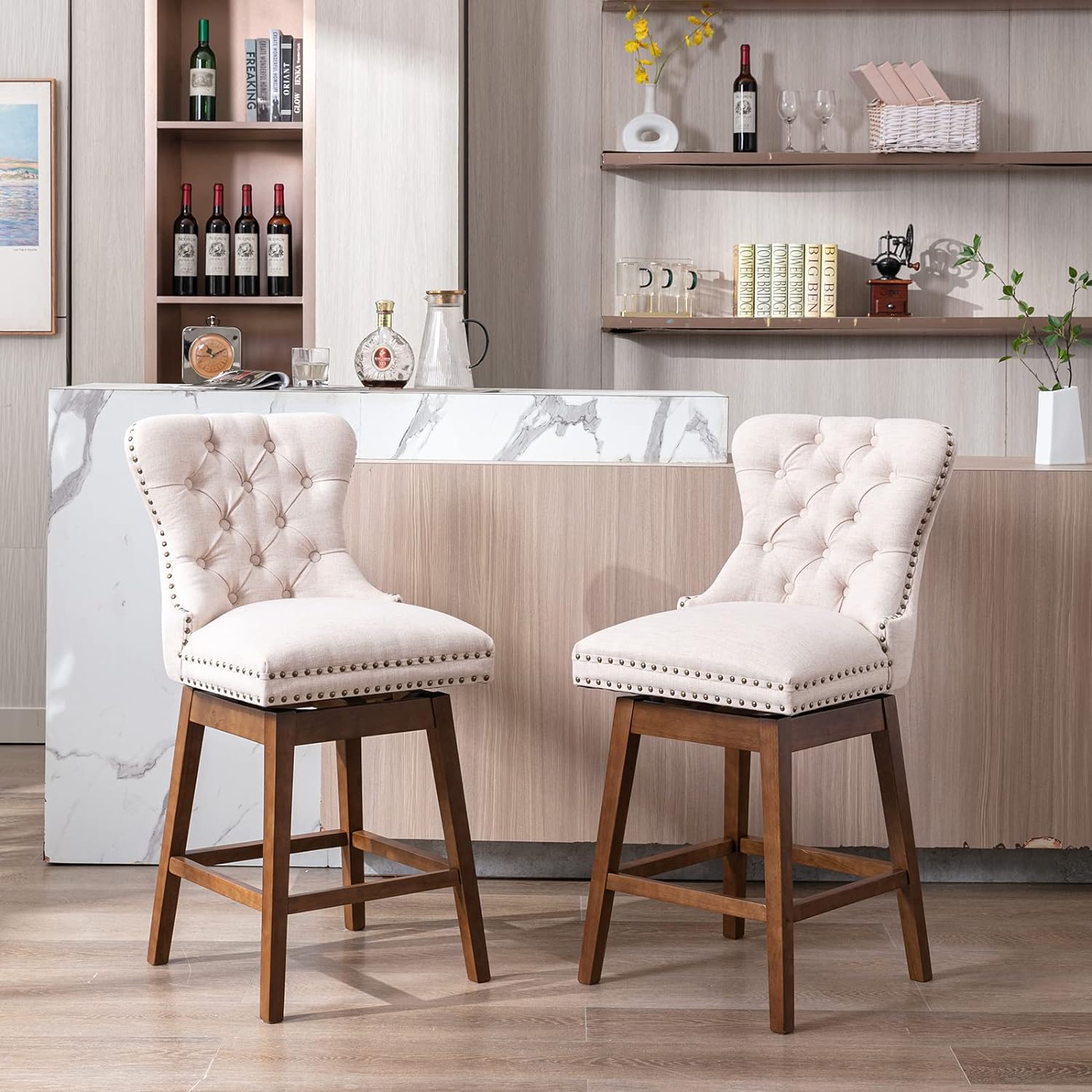 ZSARTS Beige Counter Height Bar Stools Set of 2, 27 Linen Swivel Wing Back Barstools Upholstered Kitchen Island Chairs with Walnut Wood Legs and Footrest for Home Bar Dining Room Pub(Beige)