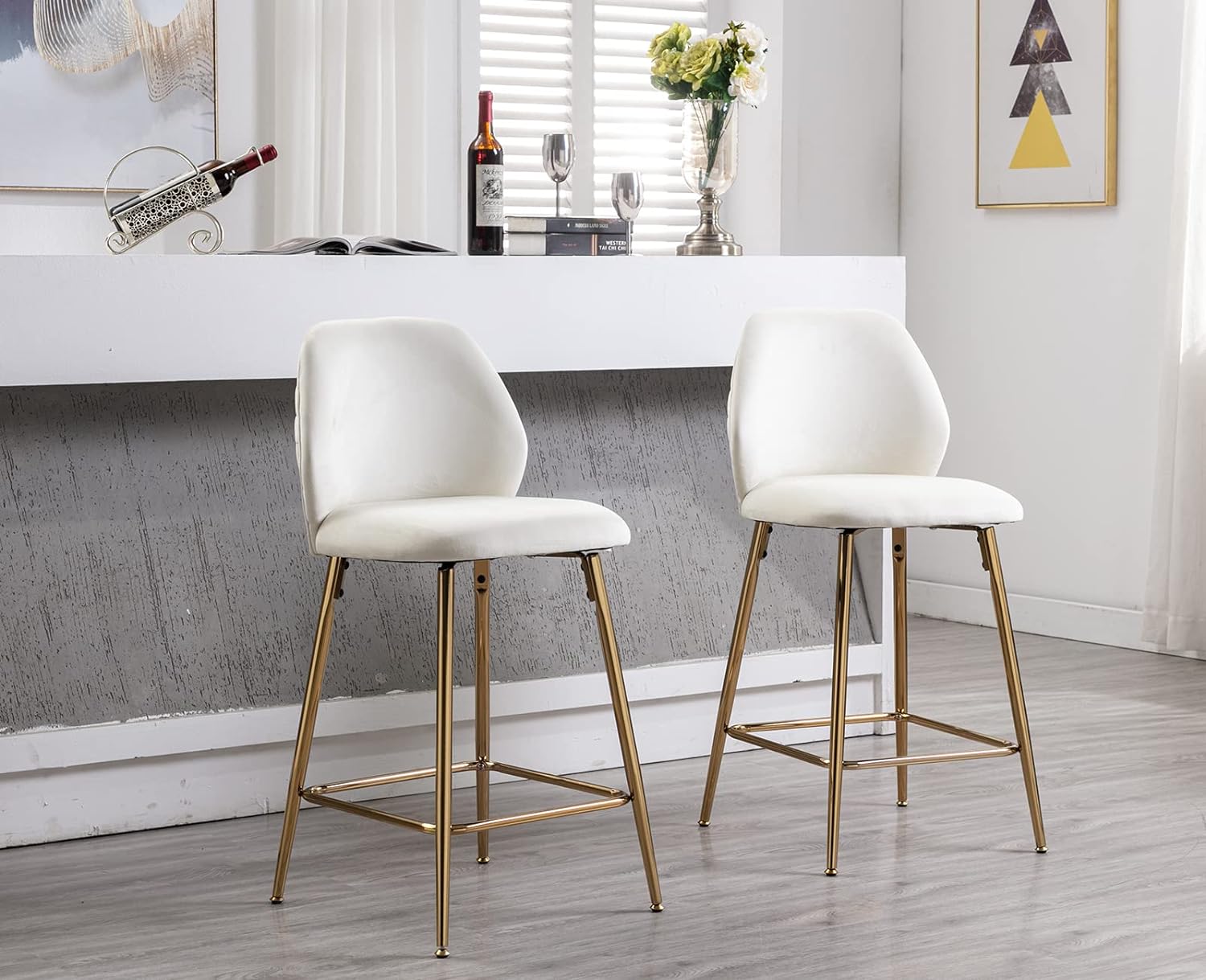 ZSARTS White Velvet Bar Stools Set of 2, 25 Inch Gold Counter Height Barstools with Ring Modern Kitchen Island Chairs with Footrest for Dining Room Kitchen Restaurant, White