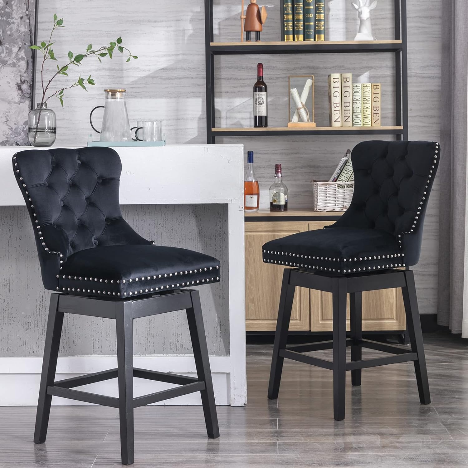 ZSARTS Black Velvet Counter Height Bar Stools Set of 2, 27 Modern Swivel Barstools with Wing Back Upholstered Kitchen Island Chairs with Wood Legs and Footrest for Home Bar Dining Room Pub(Black)