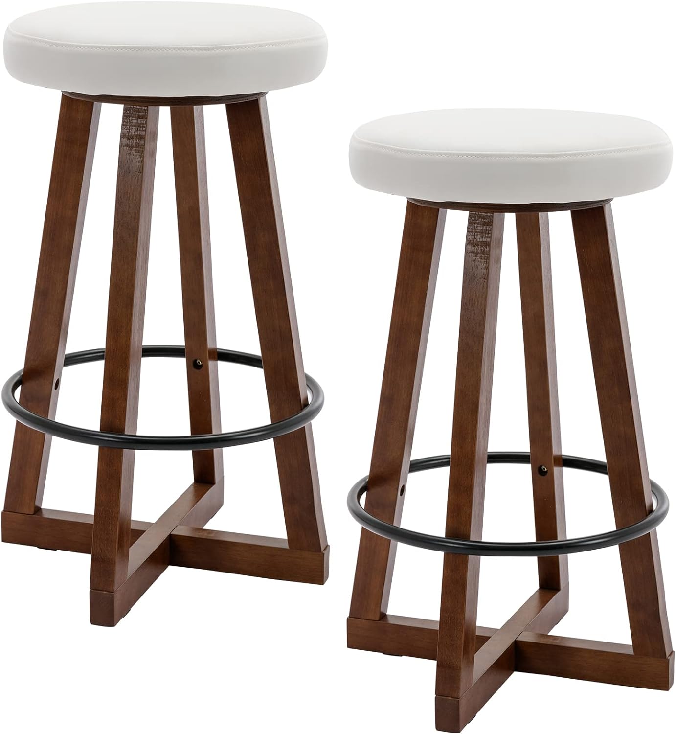 ZSARTS Round Backless Counter Height Bar Stools, 26 Inch White Leather Bar Stools Set of 2 Modern Wood Kitchen Island Chairs High Dining Chairs with Metal Footrest for Pub Home Bar,White