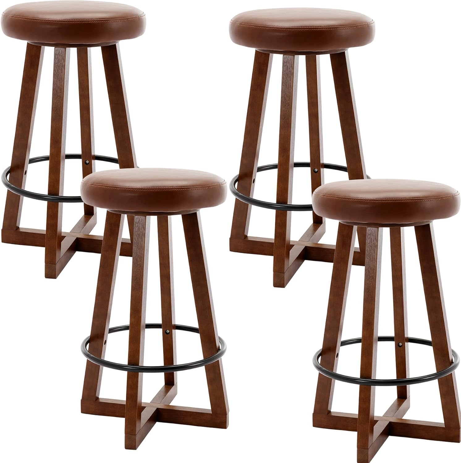 ZSARTS Round Backless Counter Height Bar Stools, 26 Inch Brown Leather Bar Stools Set of 4 Modern Wood Kitchen Island Chairs High Dining Chairs with Metal Footrest for Pub Home Bar,Brown