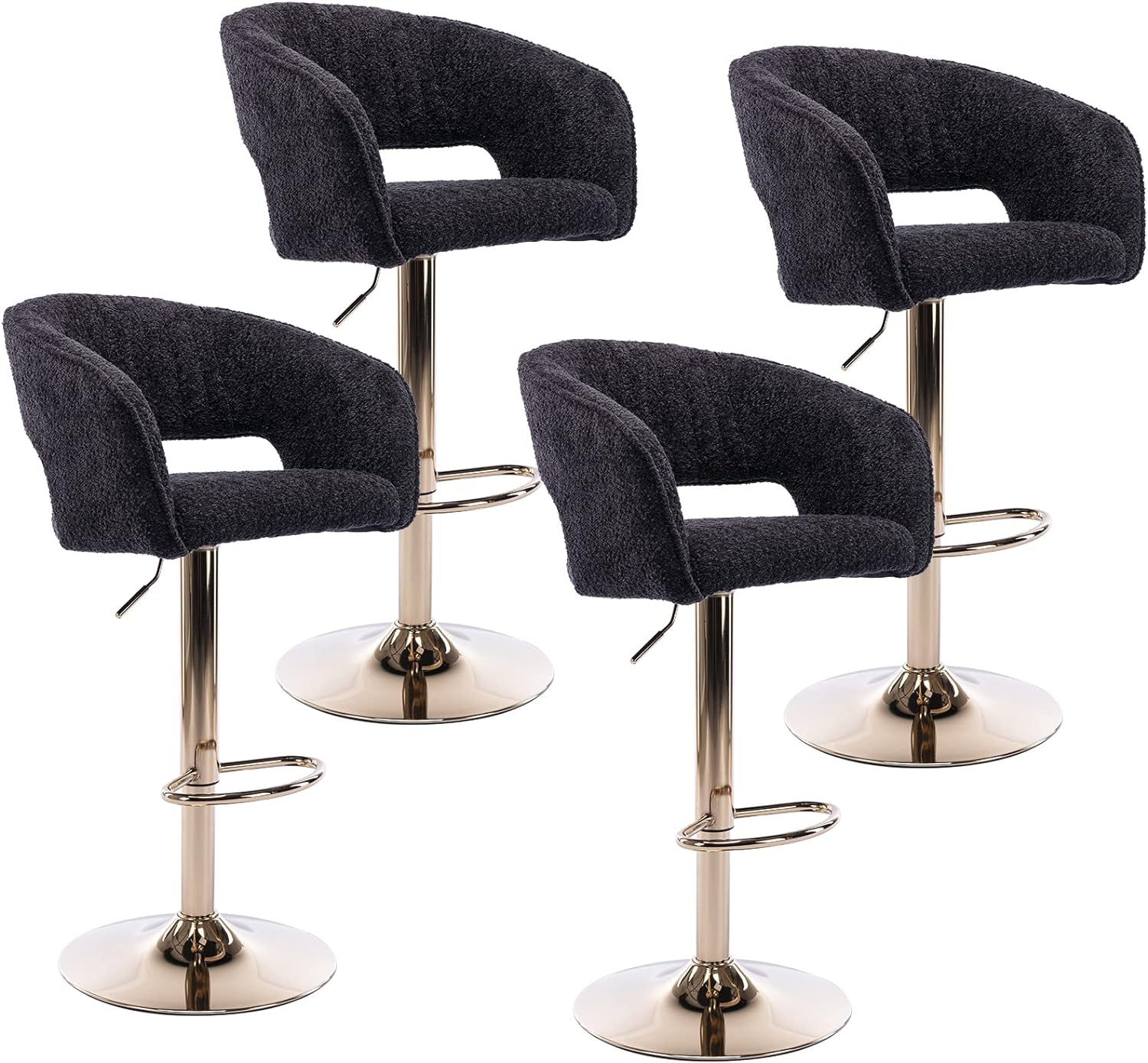 ZSARTS Black Bar Stools Set of 4, Faux Fur Swivel Barstools with Back Adjustable Upholstered 24 Inch Counter Bar Chairs with Gold Footrest for Pub Island Dining Room, Black