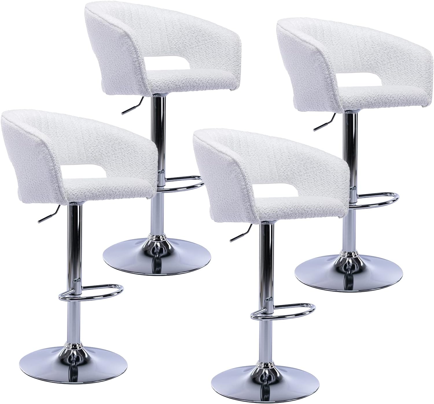 ZSARTS White Bar Stools Set of 4, Faux Fur Upholstered Swivel Barstools with Back Modern Adjustable Kitchen Dining Chairs with Silver Footrest for Pub Island Home Bar Dining Room, White