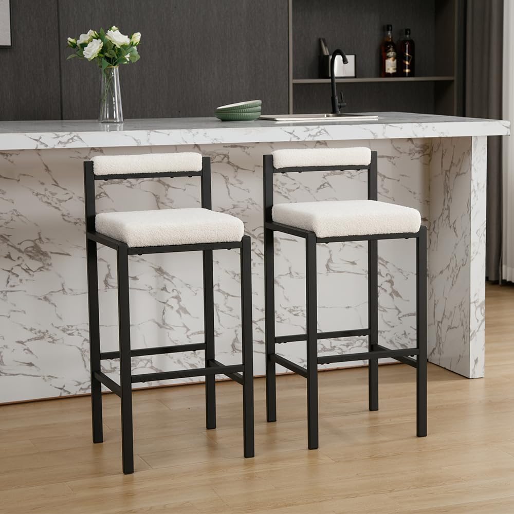 ZSARTS White Sherpa Bar Stools Set of 2, 30 High Bar Chairs Modern Black Boucle Barstools with Iron Back Upholstered Kitchen Island Stools with Footrest for Pub Coffee Home Dinning Kitchen (White)