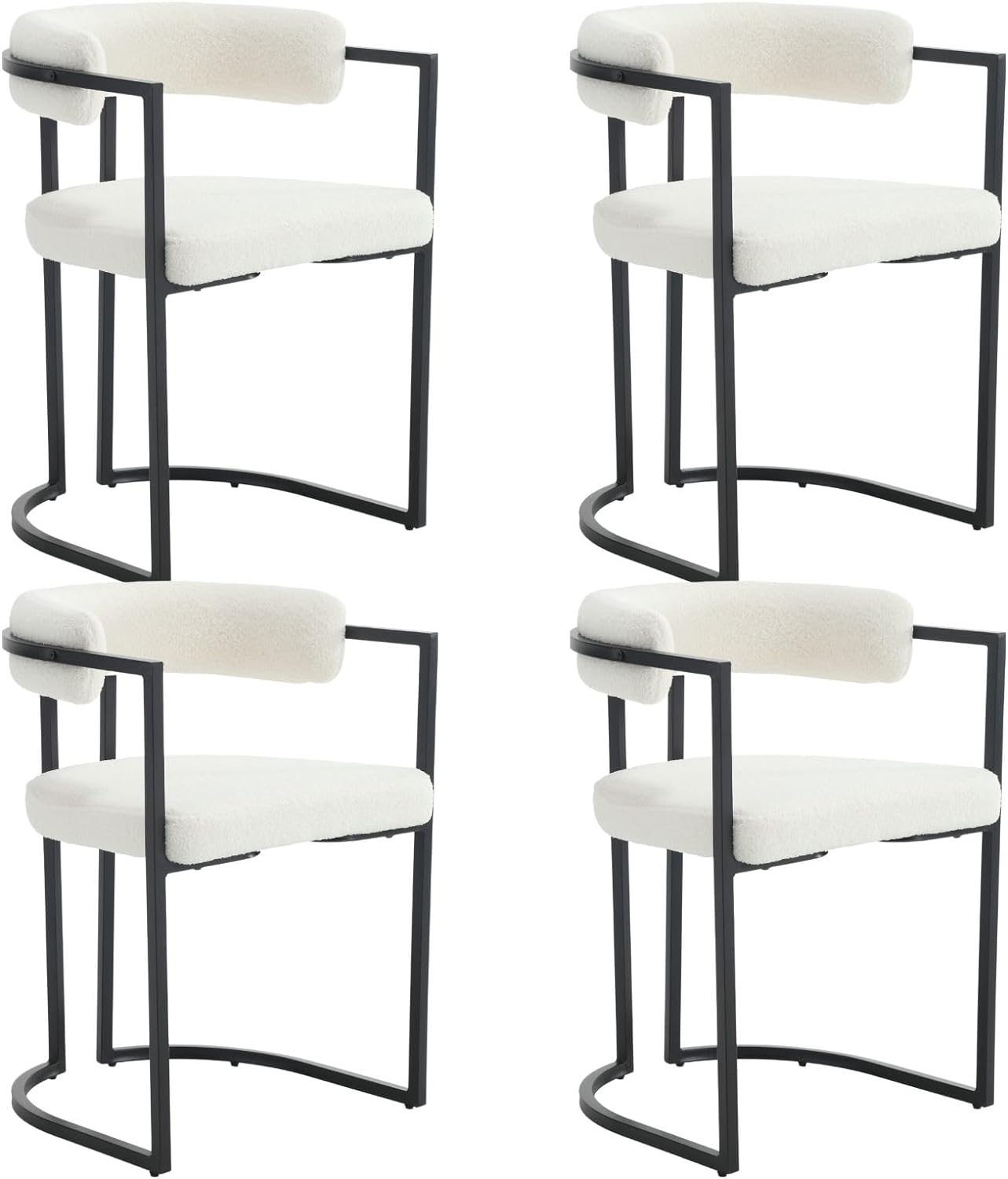 ZSARTS Modern Barrel Dining Chairs Set of 4, White Boucle Dining Room Chairs with Arms Upholstered Kitchen Chairs Side Chairs with Black Metal Frame for Kitchen Living Room Studio, White