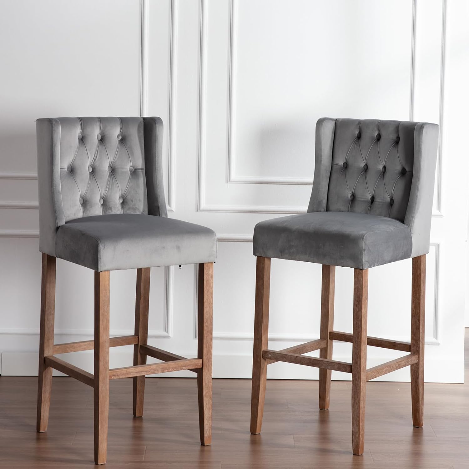 ZSARTS Modern Bar Stools Set of 2, 32 Inch Upholstered Grey Velvet Barstools with Wood Legs Tufted Button High Bar Chairs Farmhouse Kitchen Stools for Island Pub Home Bar, Dark Grey