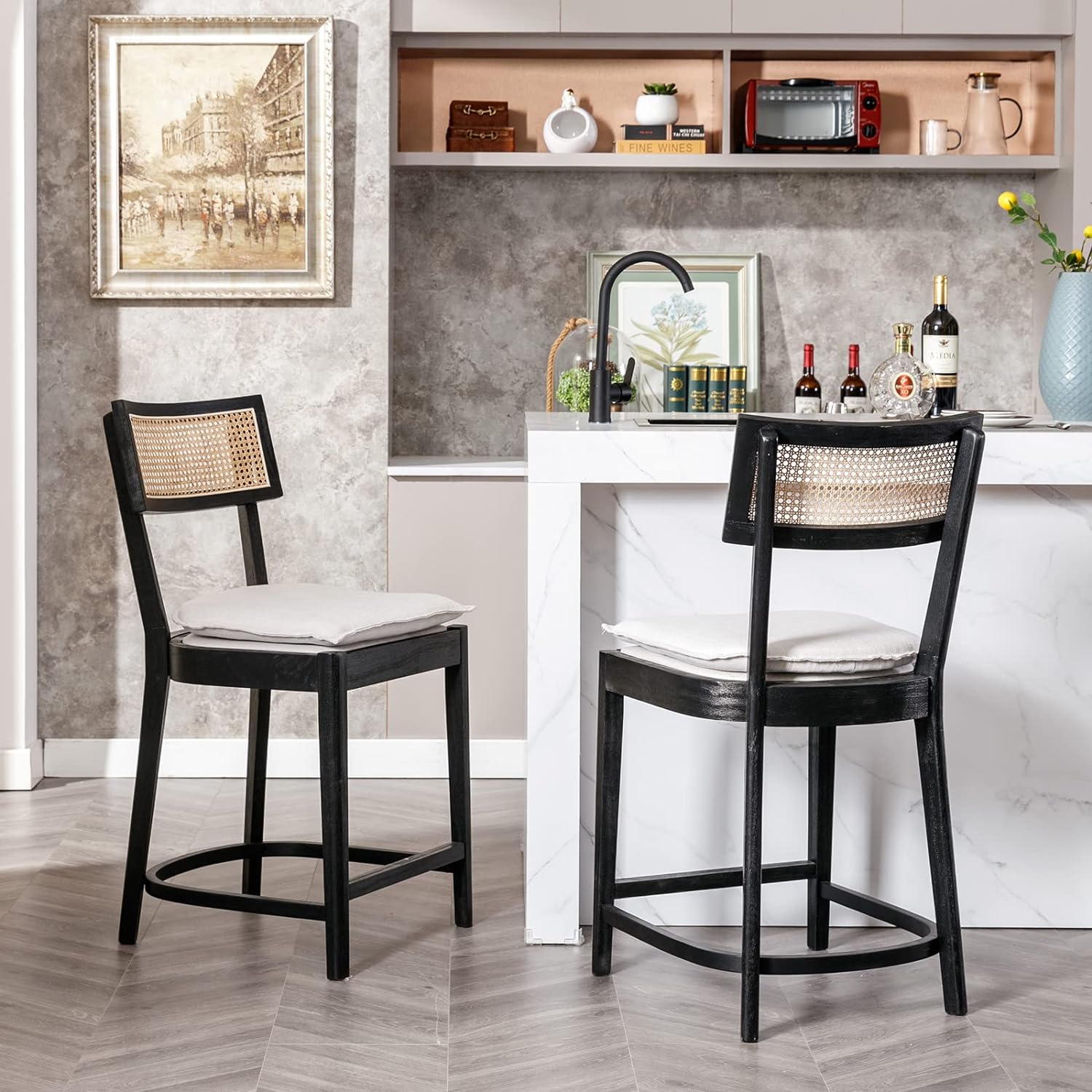 ZSARTS 26 Inch Rattan Counter Height Bar Stools Black French Country Bar Stools Set of 2 Comfy Wood Kitchen Island Chairs Farmhouse Stools with for Home Bar Pub B&B,Black