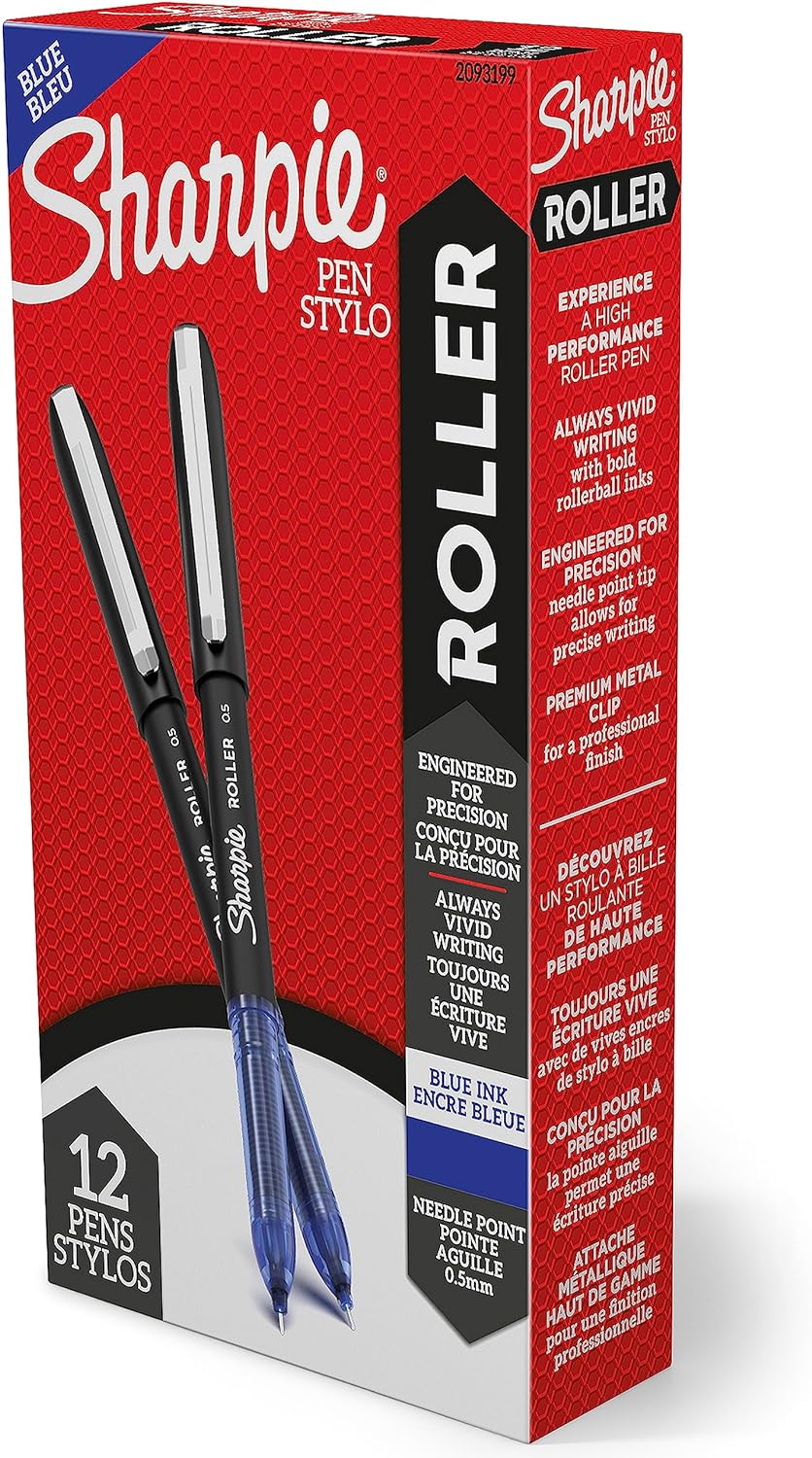 SHARPIE Rollerball Pen, Needle Point (0.5mm) Precision Pen, Blue Ink, 12 Count