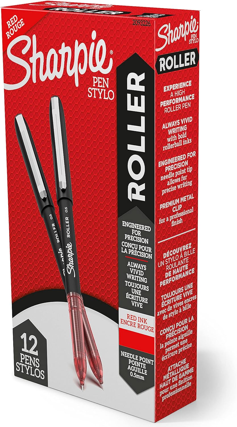 SHARPIE Rollerball Pen, Needle Point (0.5mm) Precision Pen, Red Ink, 12 Count