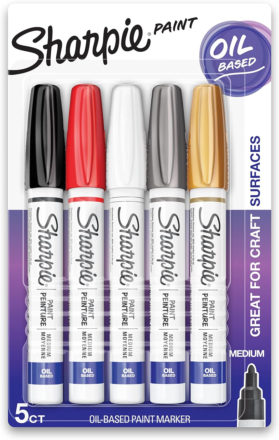 SHARPIE Oil-Based Paint Markers, Medium Point, Assorted & Metallic Colors, 5 Count - Great for Rock Painting