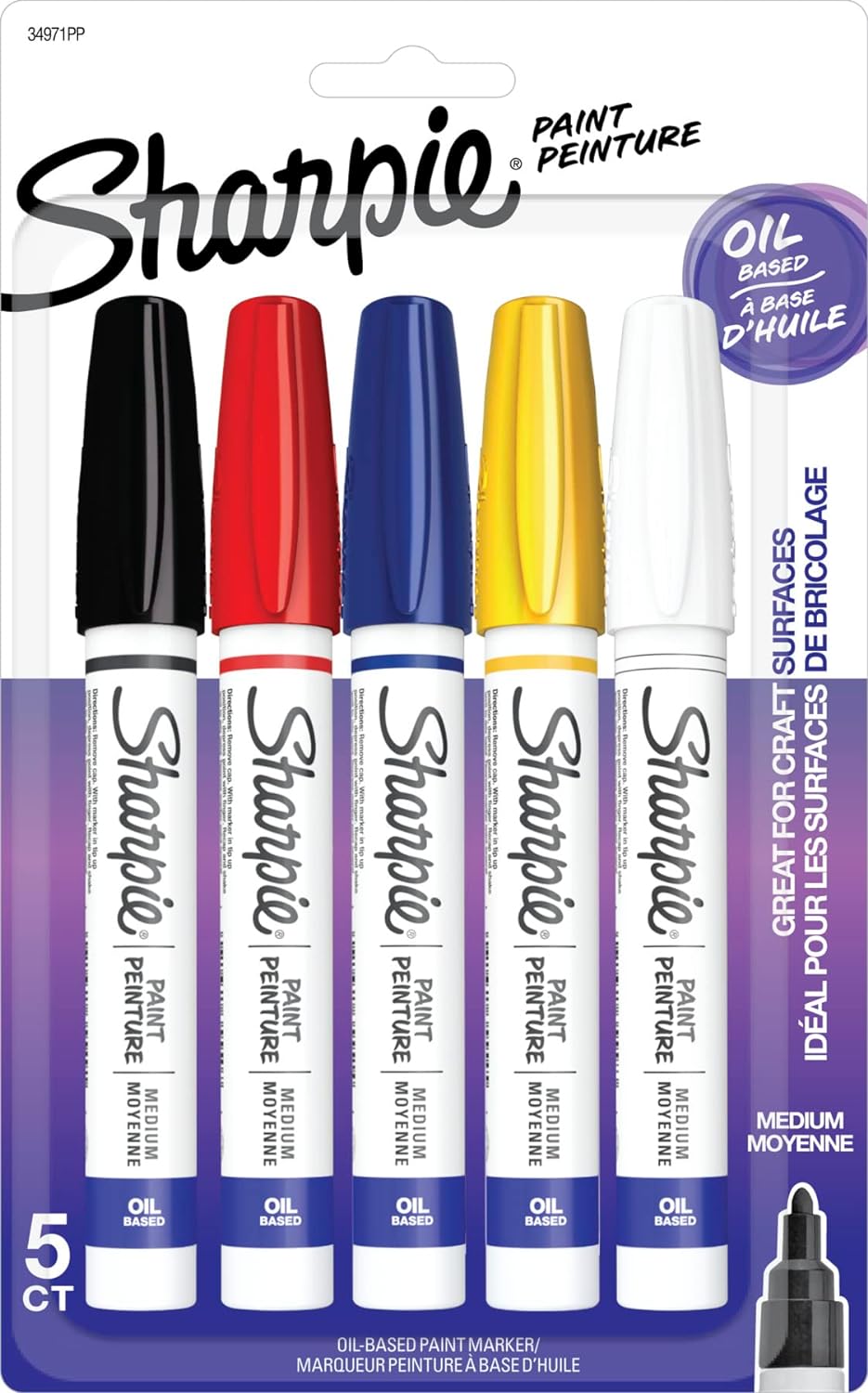 SHARPIE Oil-Based Paint Markers, Medium Point, Assorted Colors, 5 Count (Packaging May Vary) - Great for Rock Painting