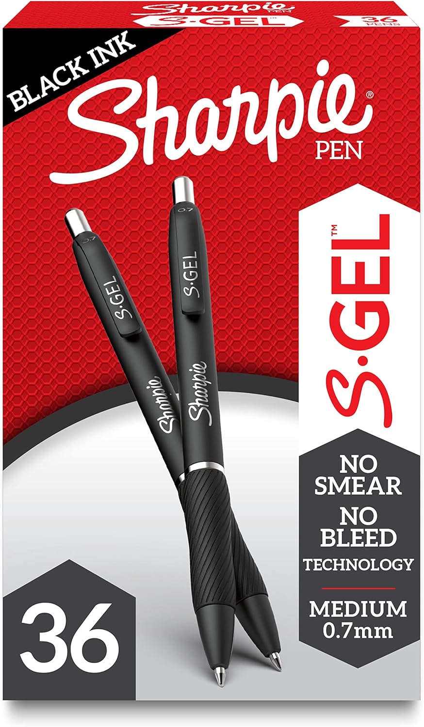 SHARPIE S-Gel, Gel Pens, Medium Point (0.7mm), Black Ink Gel Pen, 36 Count