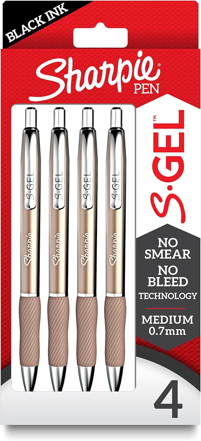 SHARPIE S-Gel, Gel Pens, Sleek Metal Barrel, Champagne, Medium Point (0.7mm), Black Ink, 4 Count