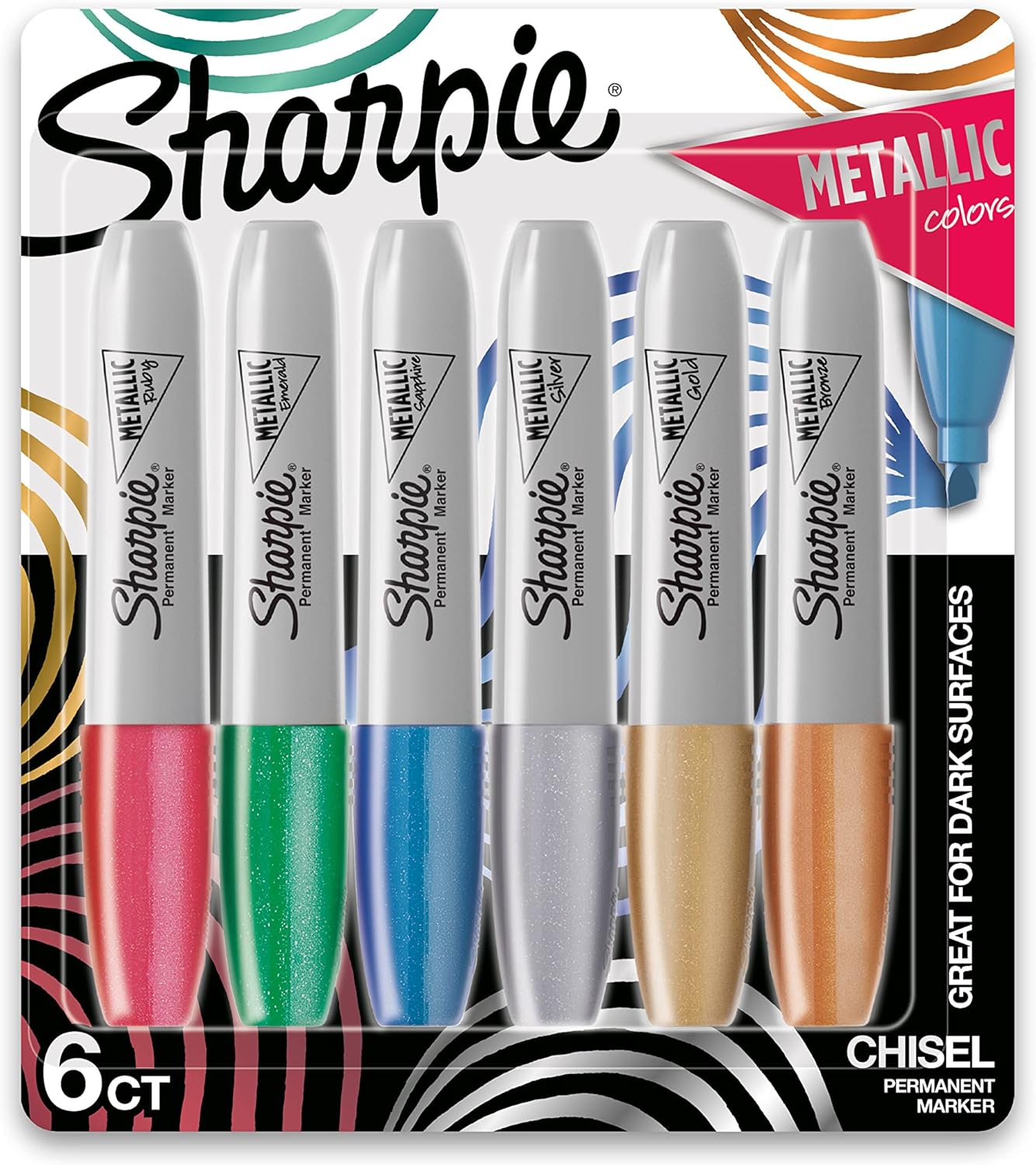 SHARPIE Metallic Permanent Markers, Chisel Tip, Assorted Colors, 6 Count