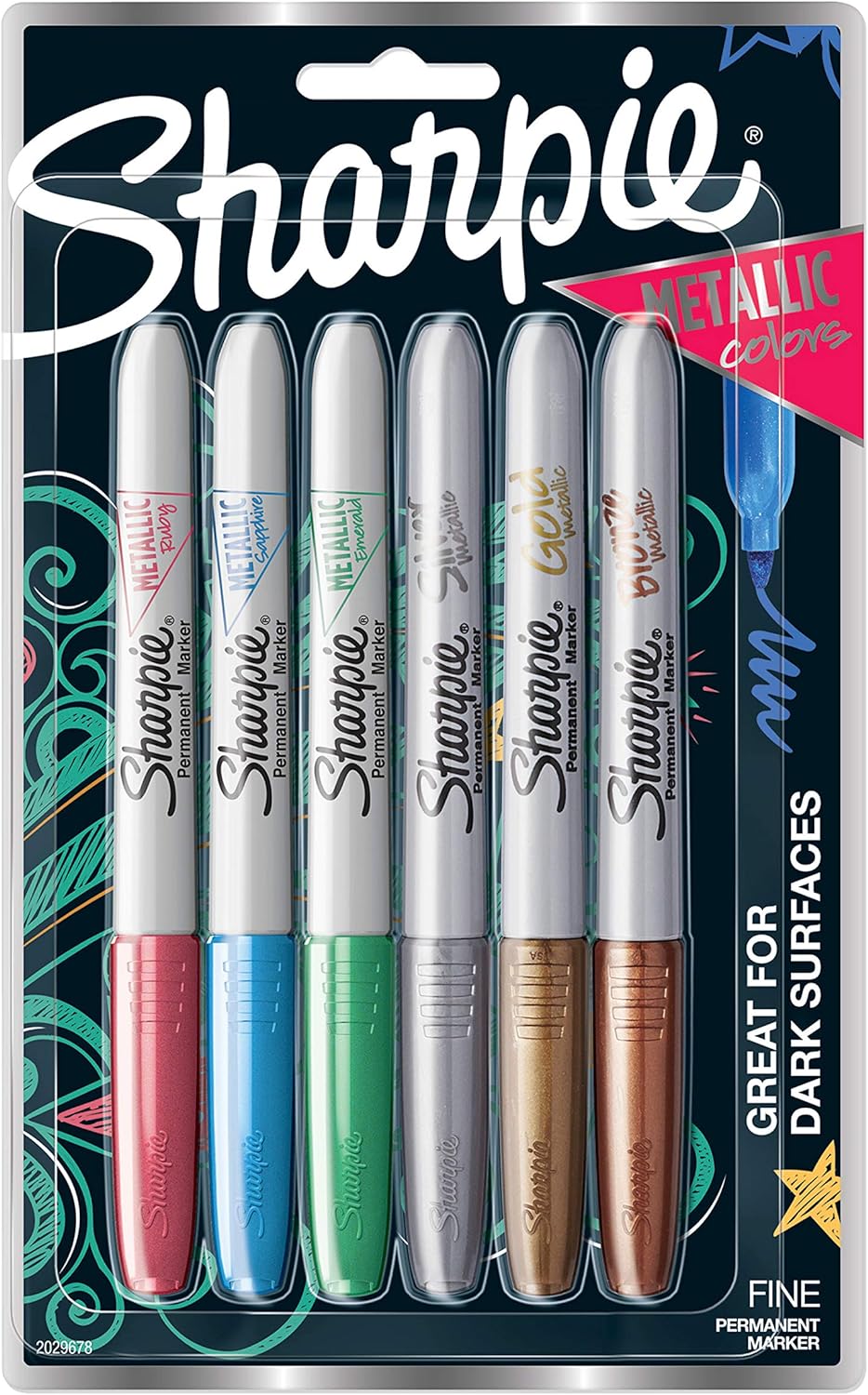 Sharpie Metallic Permanent Markers, Fine Point, Assorted Colors, 6 Count