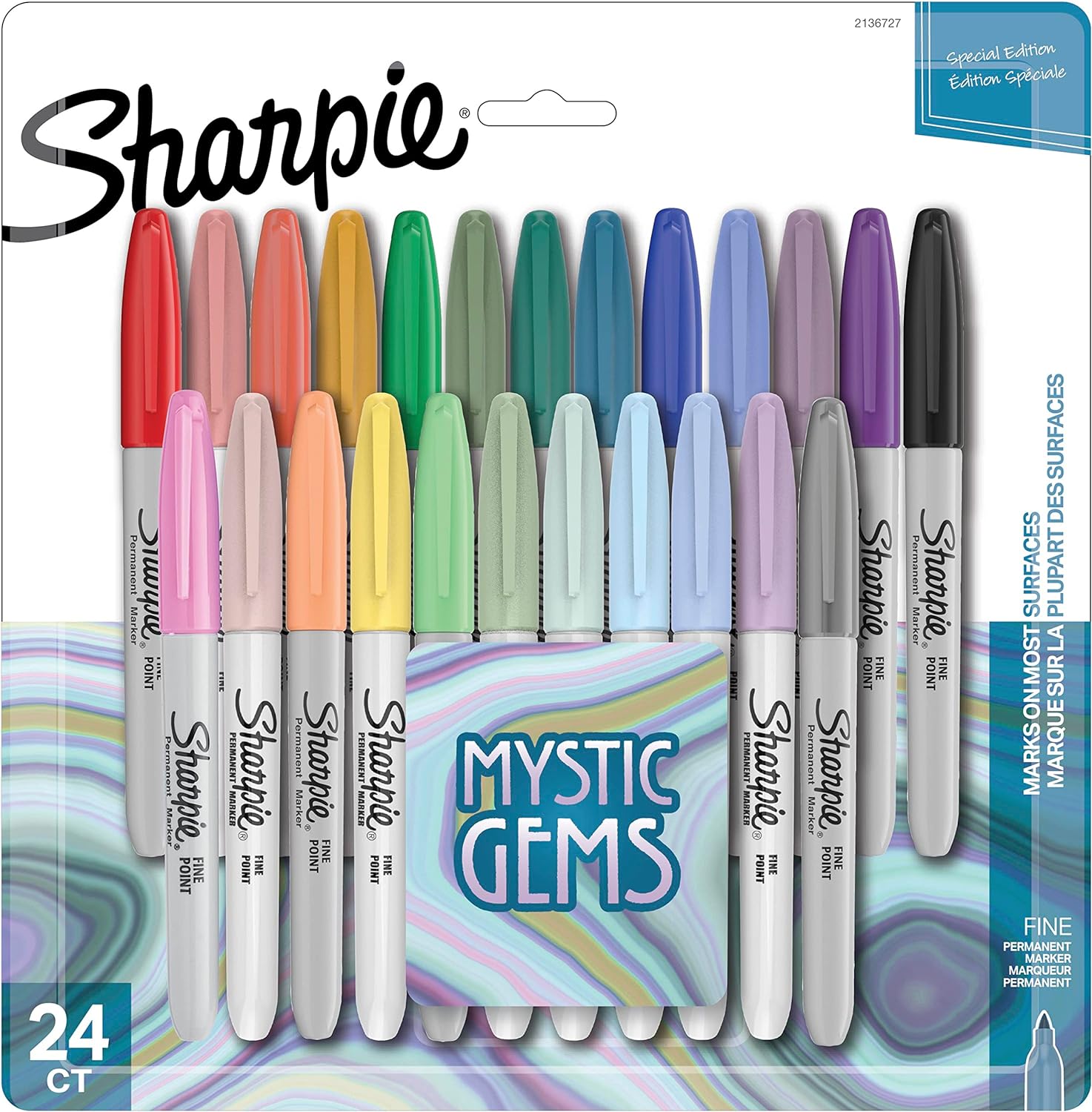 SHARPIE Permanent Markers, Fine Point, Featuring Mystic Gem Color Markers, Assorted, 24 Count, Lavender