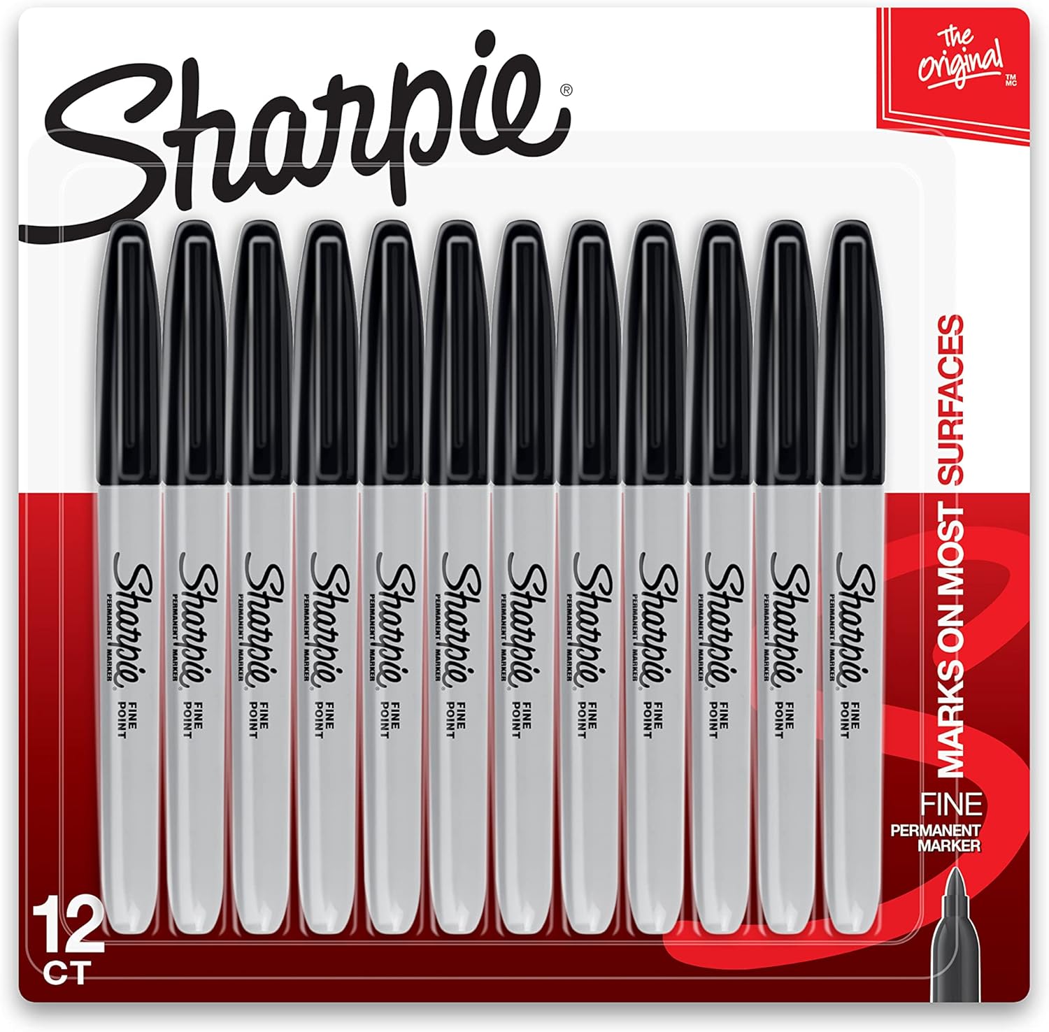 SHARPIE Permanent Markers, Fine Point, Black, 12 Count