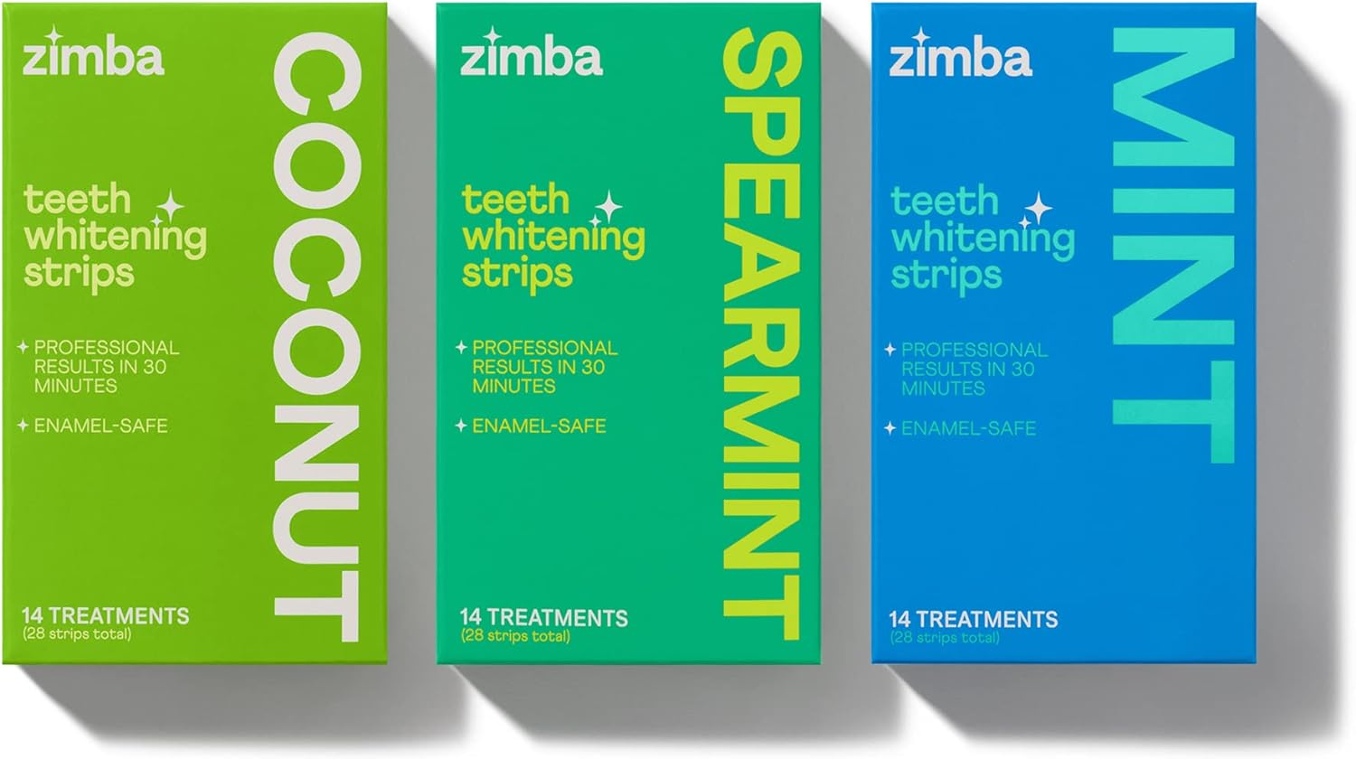 Zimba Teeth Whitening Strips for Teeth Sensitive Vegan White Strips for Teeth Whitening, Teeth Whitener Stain Remover, Coconut (1 Pack), Spearmint (1 Pack) and Mint (1 Pack), 84 Strips Included