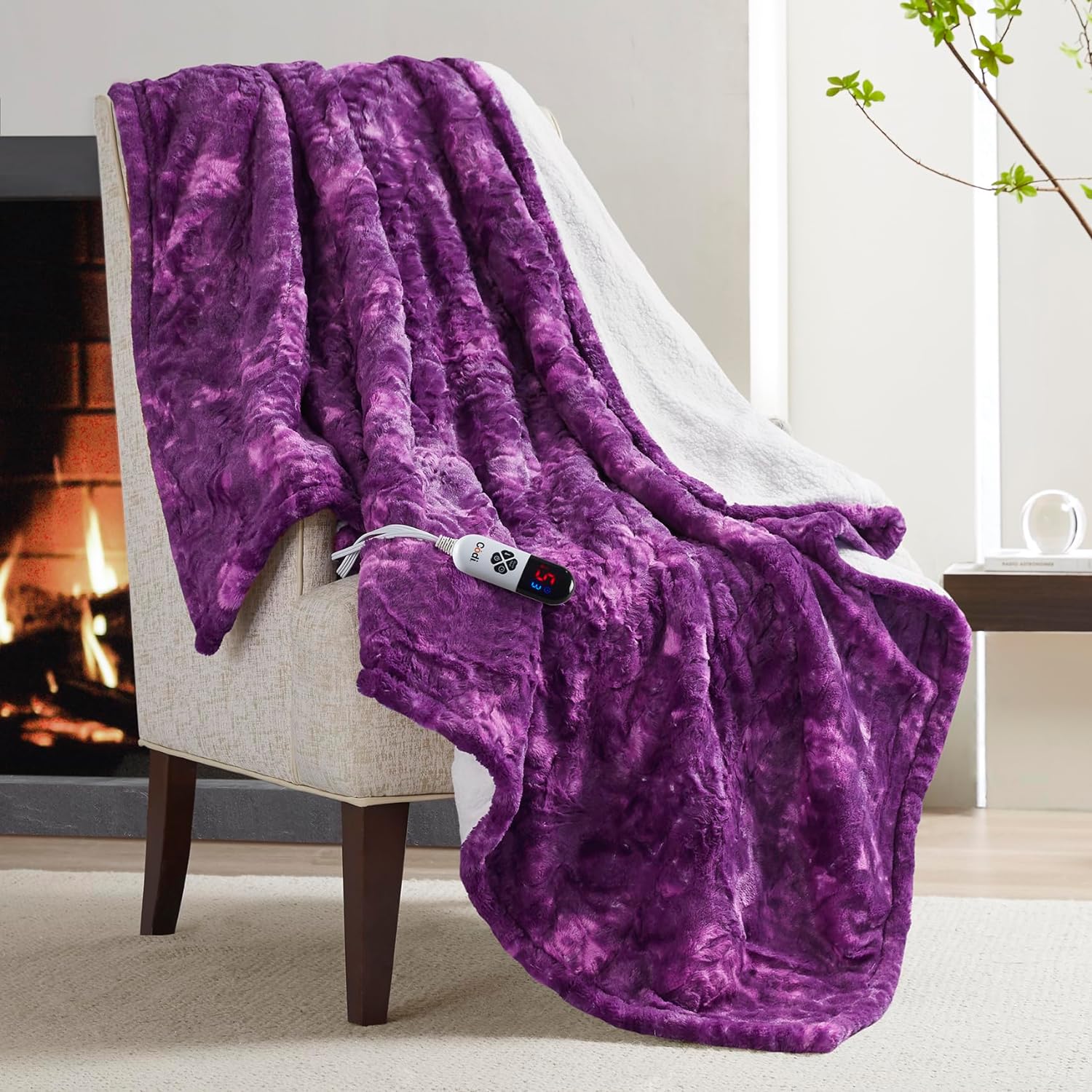 Codi Soft Heated Throw Blanket, Purple Faux Fur with Fuzzy Sherpa Back | 60 x 70 Oversized Electric Throws for Couch | 6 Heating Levels & 4 Time Settings with Auto Shut Off, 6ft Power Cord | Washable