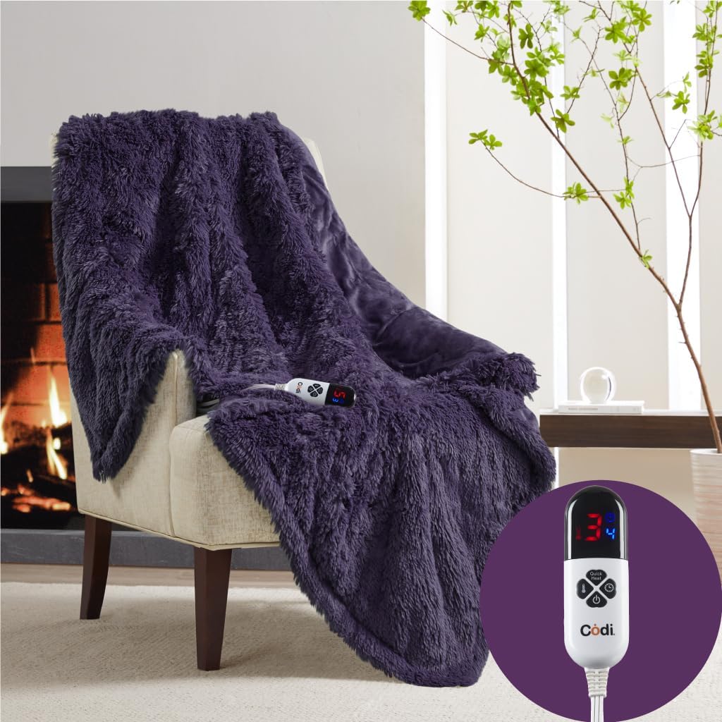 Shaggy Purple Heated Blanket Throw | 50x60 | Fuzzy Soft Couch Throws | 6 Heating Levels & 4 Time Settings with Auto Shut Off, 6ft Power Cord | Washable