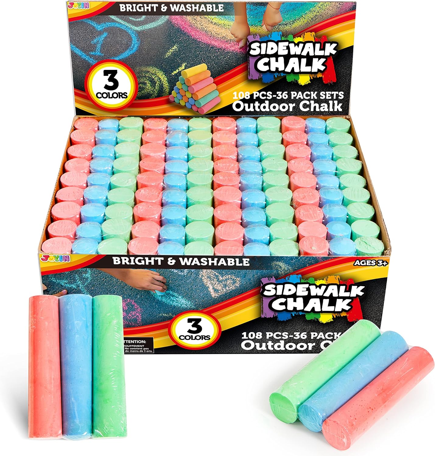 JOYIN 108 PCS Sidewalk Chalk Set in 36 Count, 3 Assorted Colors, Non-Toxic Jumbo Washable Driveway Chalk for Outdoor Art Play, Great Gift Toys for Kids, Classroom, Party Favors