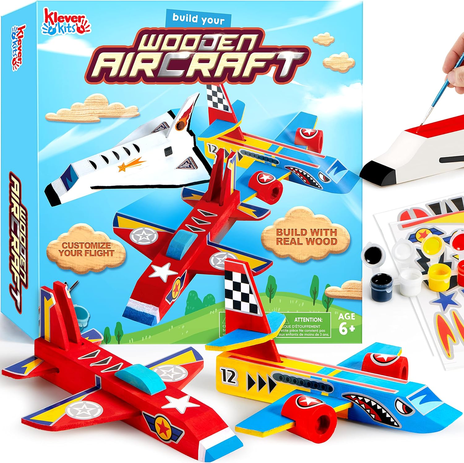 Klever Kits Build & Paint Your Own Wooden Airplane - DIY 3D Wood Craft Kit with 3 Airplane Toys, Arts and Crafts Projects for Kids Ages 6 , Easy To Assemble Birthday Party Gifts for Boys 6-12 Year Old