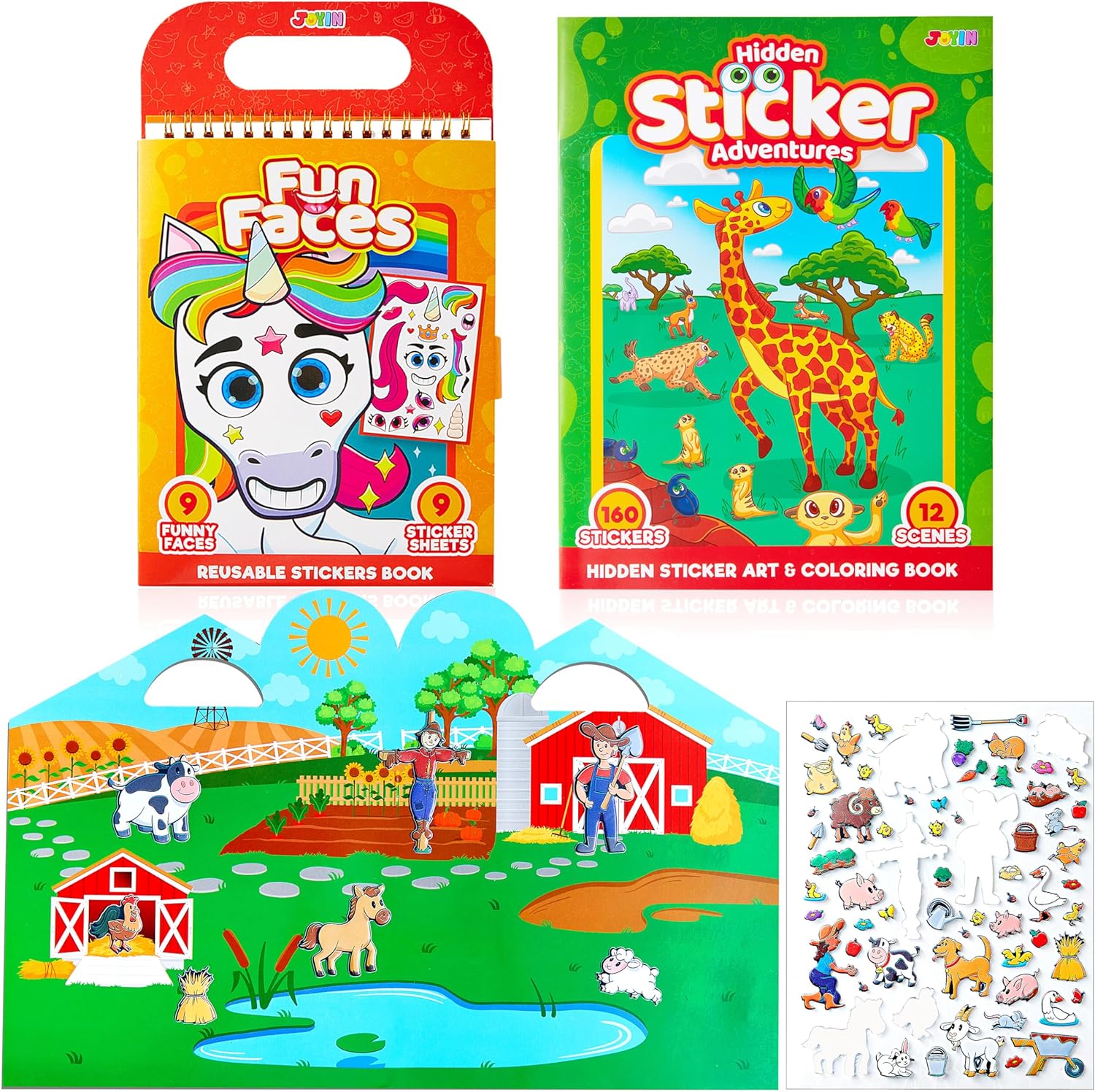 JOYIN 3 Pcs Reusable Sticker Book-Reusable Make a Face Sticker Book, Hidden Picture Sticker Book, Farm Sticker Board. On The Go Travel Toy Activity Pad, Reusable Travel Activity Toys for Boys & Girls