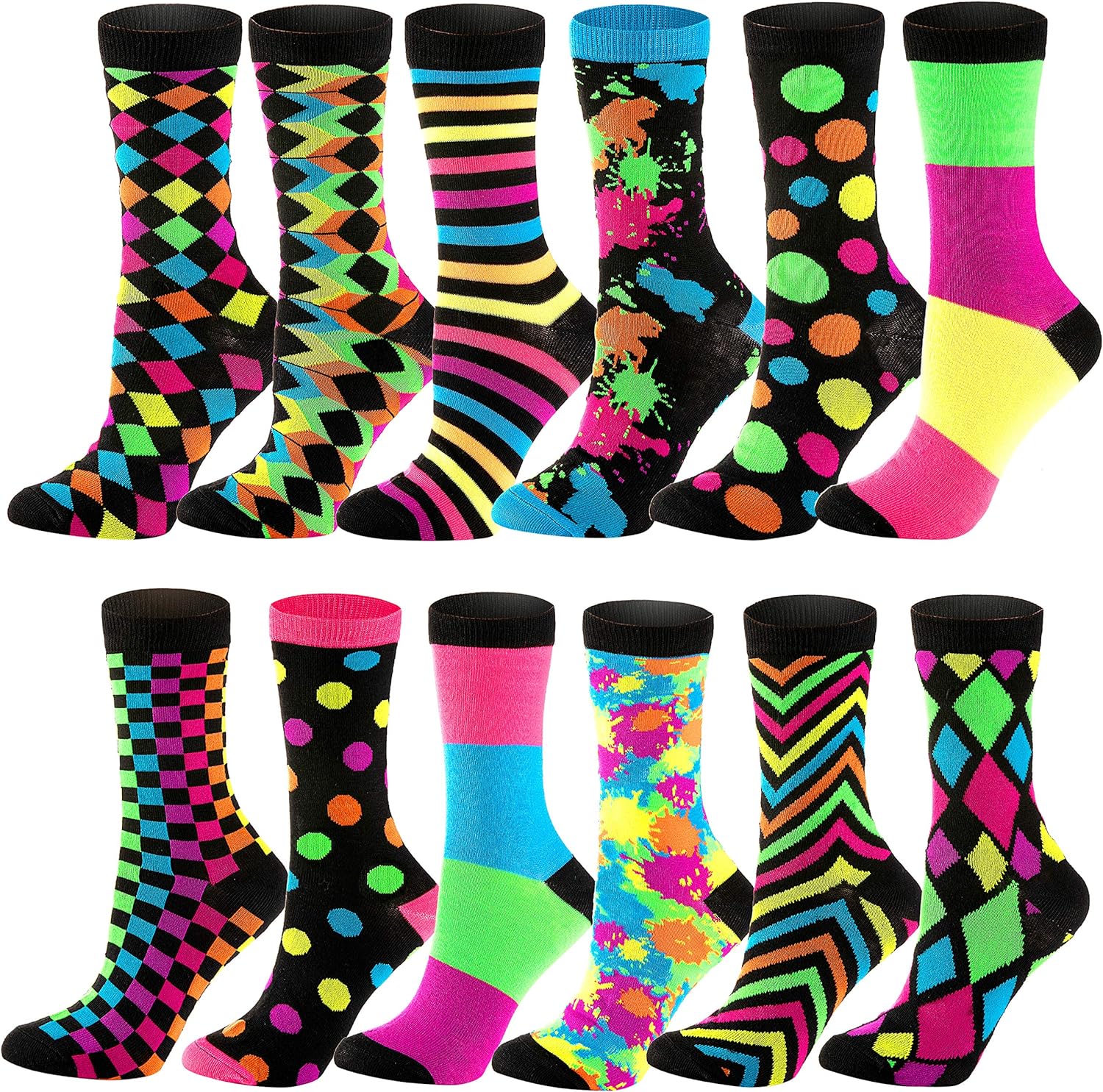 JOYIN 12 Pack Women' Socks Colorful Funky Paint Splash Patterned Crew Socks Funky Paintspalsh & Colorblocks for Christmas, Holiday or Birthday Gift