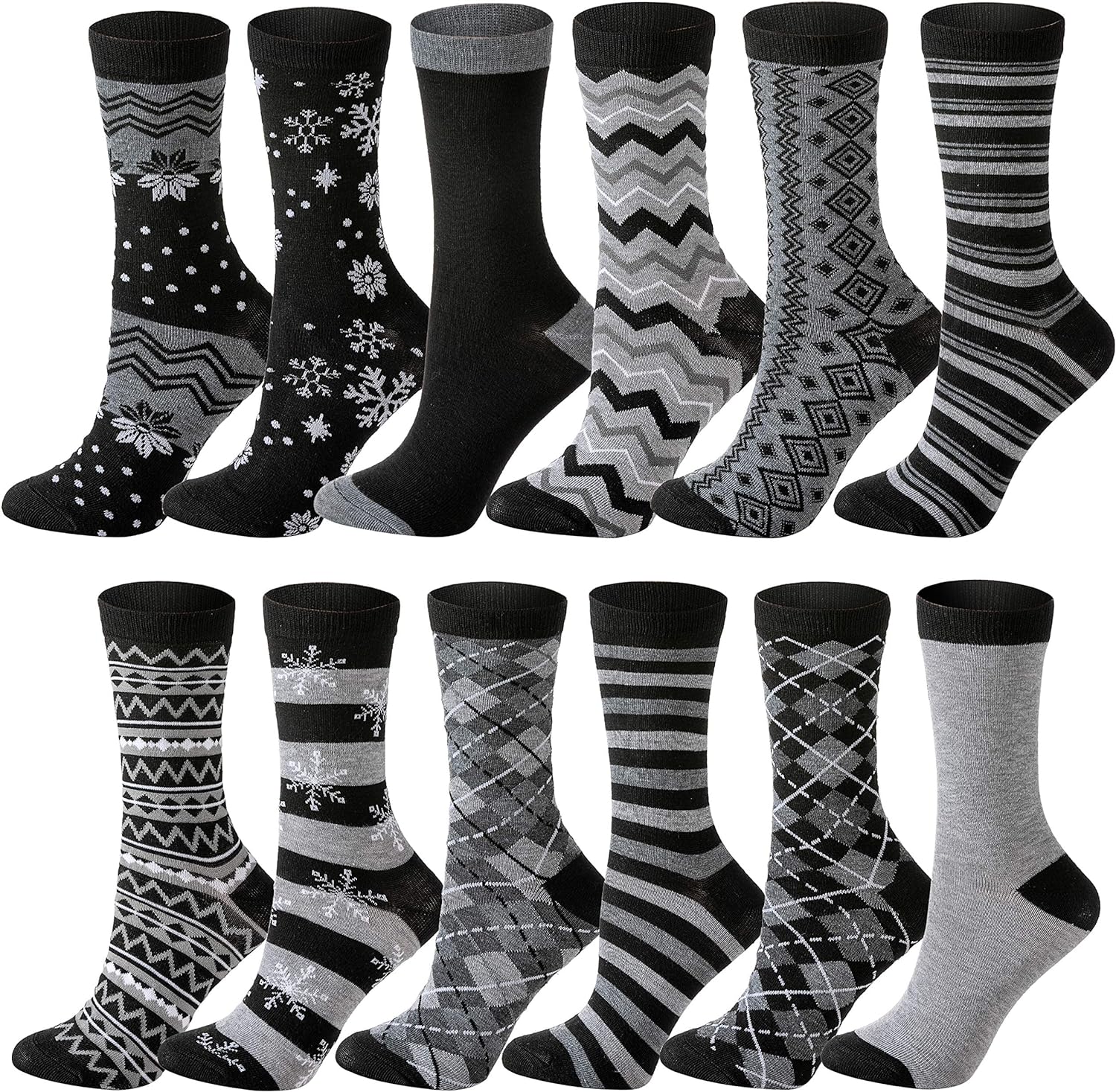 JOYIN 12 Pack Women' Socks Monochrome Zigzag & Stripes Patterned Crew Socks for Christmas, Holiday or Birthday Gift