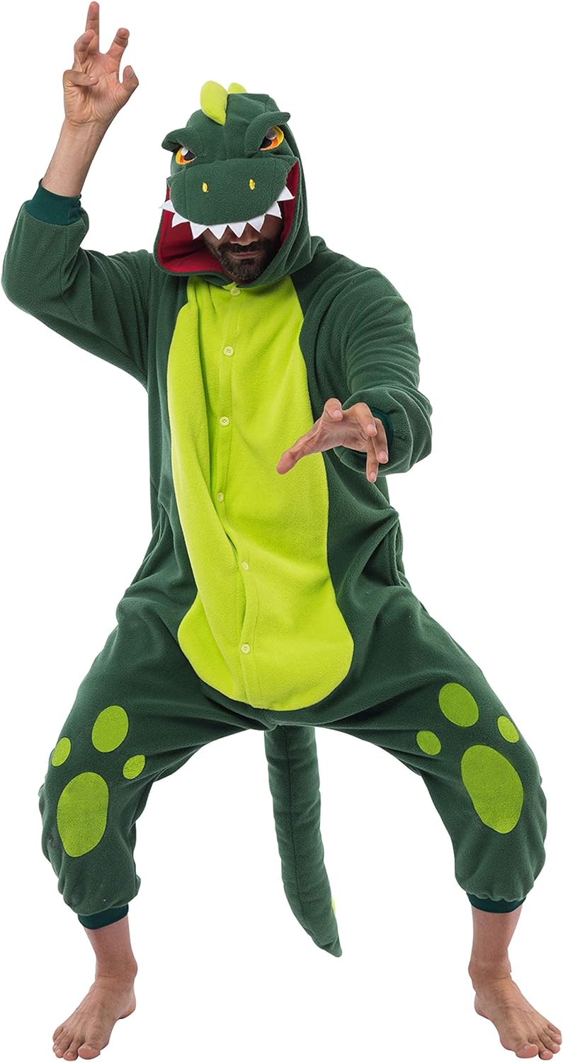 Spooktacular Creations Unisex Adult Dinosaur jumpsuit Pajamas Plush Dinosaur Suit Cute Green Themed Party Halloween