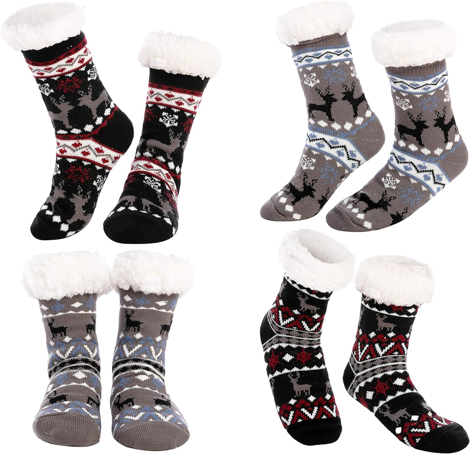 JOYIN 4 Packs Soft Premium Fleece Crew Socks Deer Patterns for Fleece Lining Fuzzy Soft Slipper Socks for Winter Christmas, Holiday or Birthday Gift