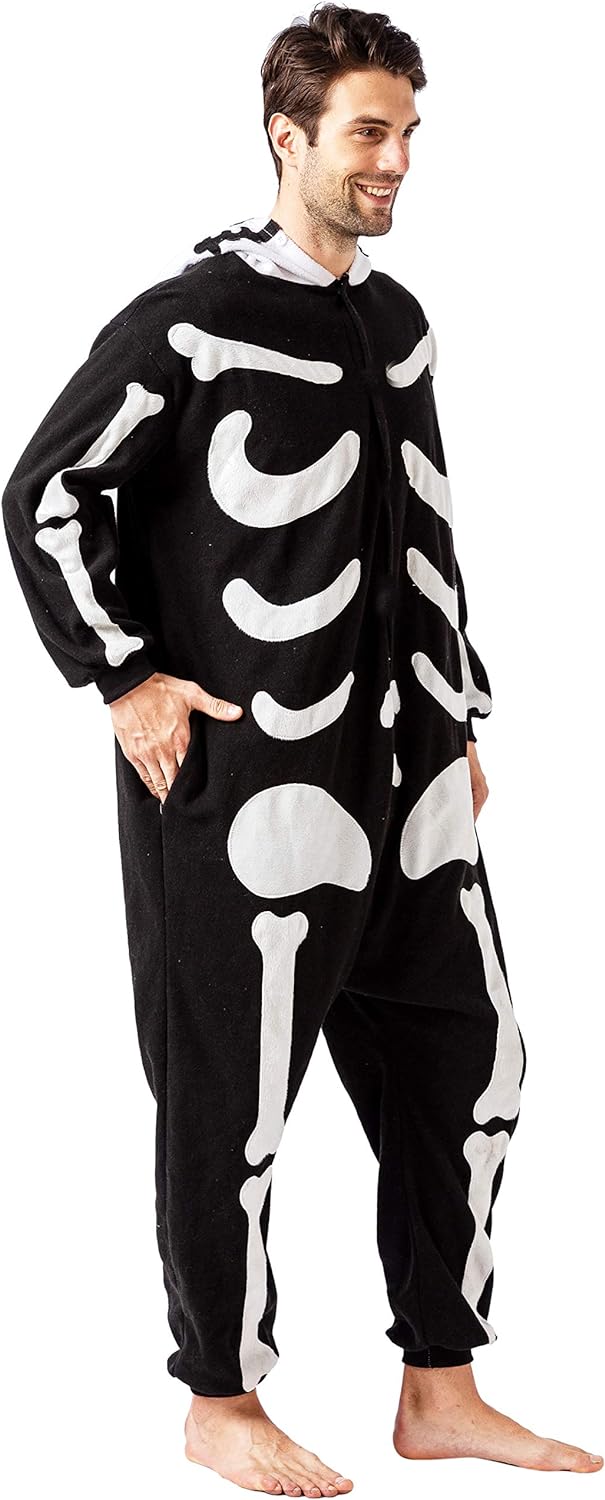 Spooktacular Creations Unisex Adult Pajama Plush jumpsuit One Piece Skeleton Costume