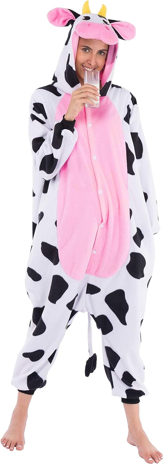 Spooktacular Creations Unisex Adult Pajama Plush jumpsuit One Piece Cow Animal Costume