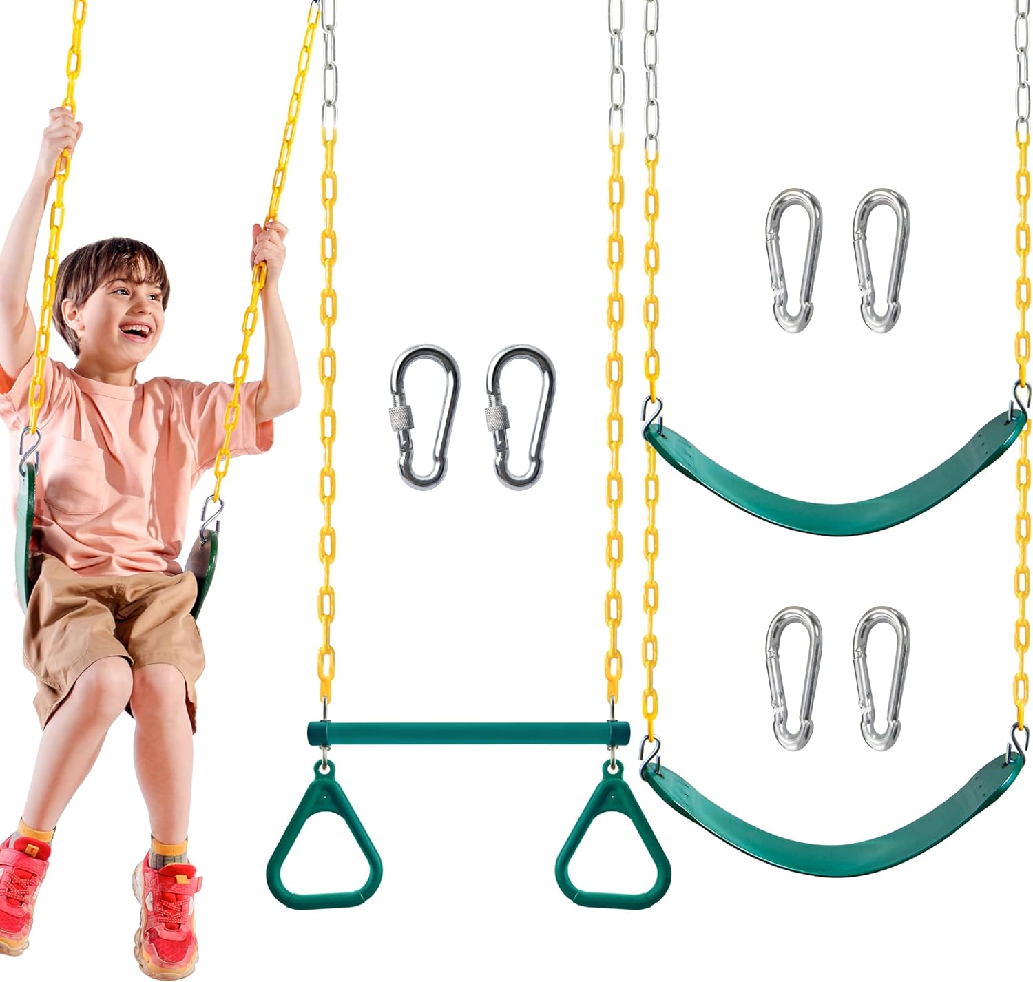 TURFEE 3 Pack Assorted Swing Set, Including 1 Gym Rings Trapeze Swing Bar and 2 Pcs Swings with Plastic Coated Chain, Swing Set Accessories Replacement for Kids Outdoor Play, Playground- Green