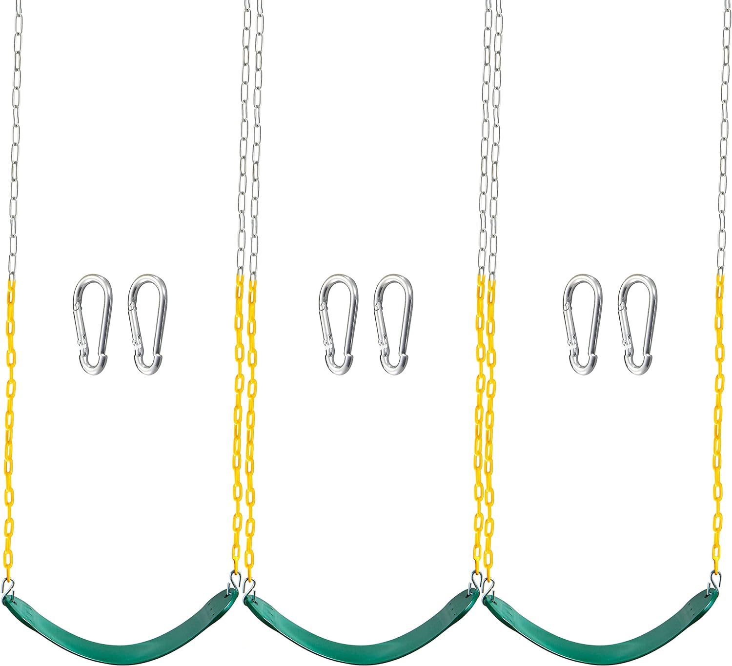 TURFEE 3 Pack Green Swing Seats Heavy Duty with 66 Chain, Swing Set Accessories Replacement with Snap Hooks for Kids Outdoor Play Playground, Trees, Backyard (Limit 250lb)