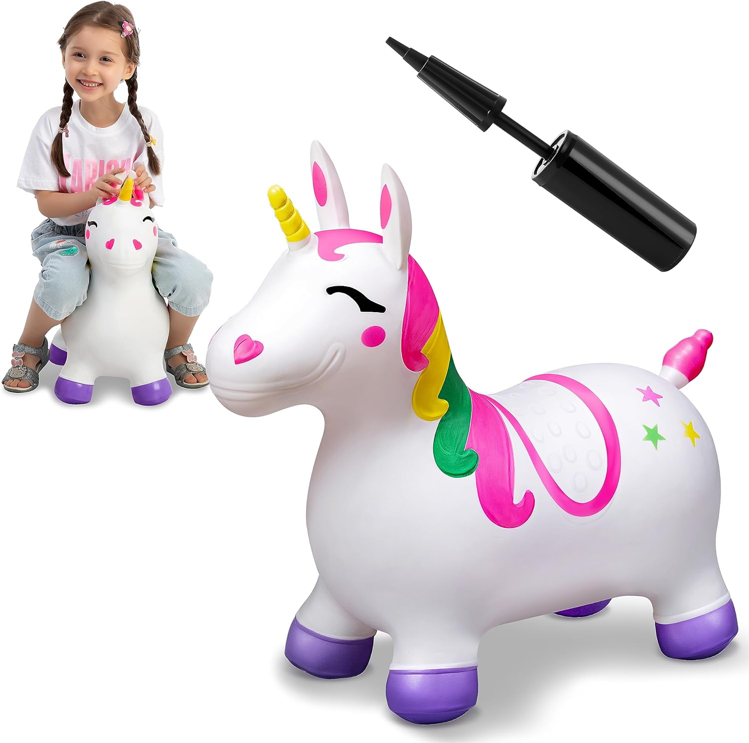 JOYIN Bouncy Unicorn Horse, Kids Ride On Bouncer, Toddler Girl Bouncing Animal Hopper, Inflatable Hopping Toy for Birthday Gift, 18 Months 2 3 4 5 Year Old Kids Toddlers Boys Girls