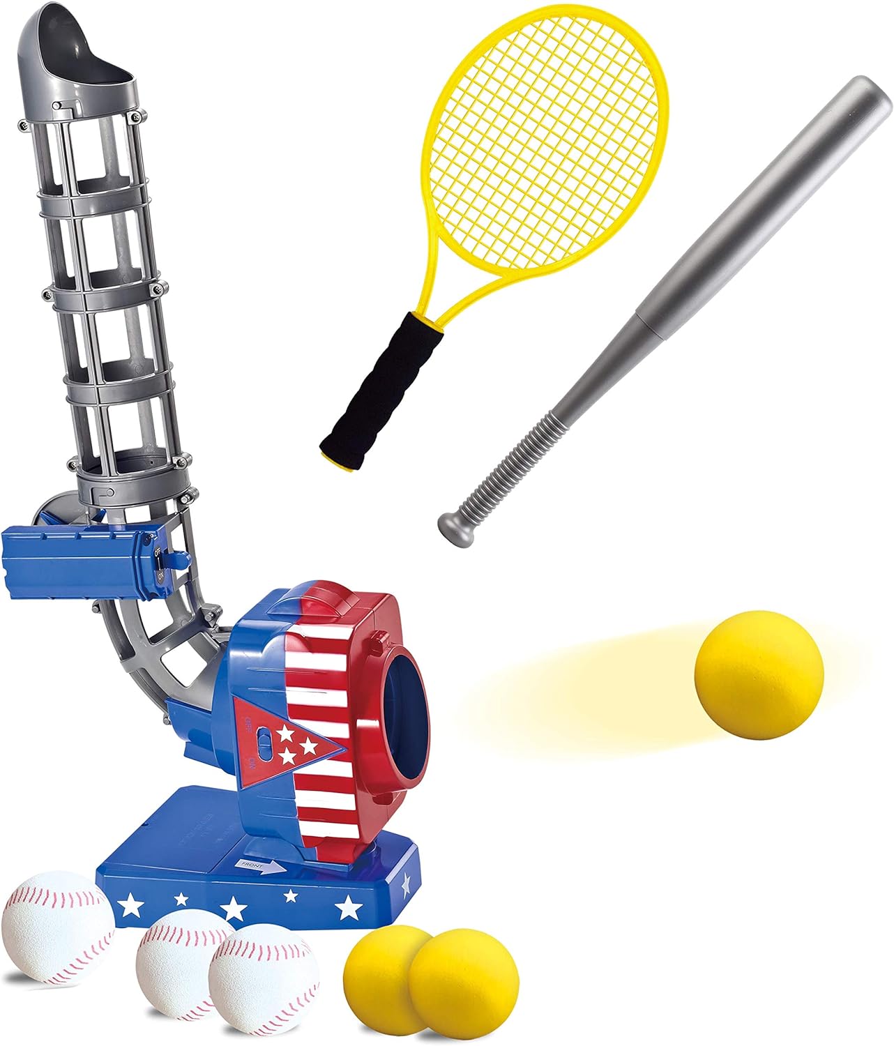 JOYIN 2 in 1 Automatic Pitcher Play Set, Toy Tennis and Baseball Pitching Machine, Tennis Baseball Training Toy Set for Kids Backyard Outdoor Pitcher Game, Patriotic American USA Flag Baseball Toy