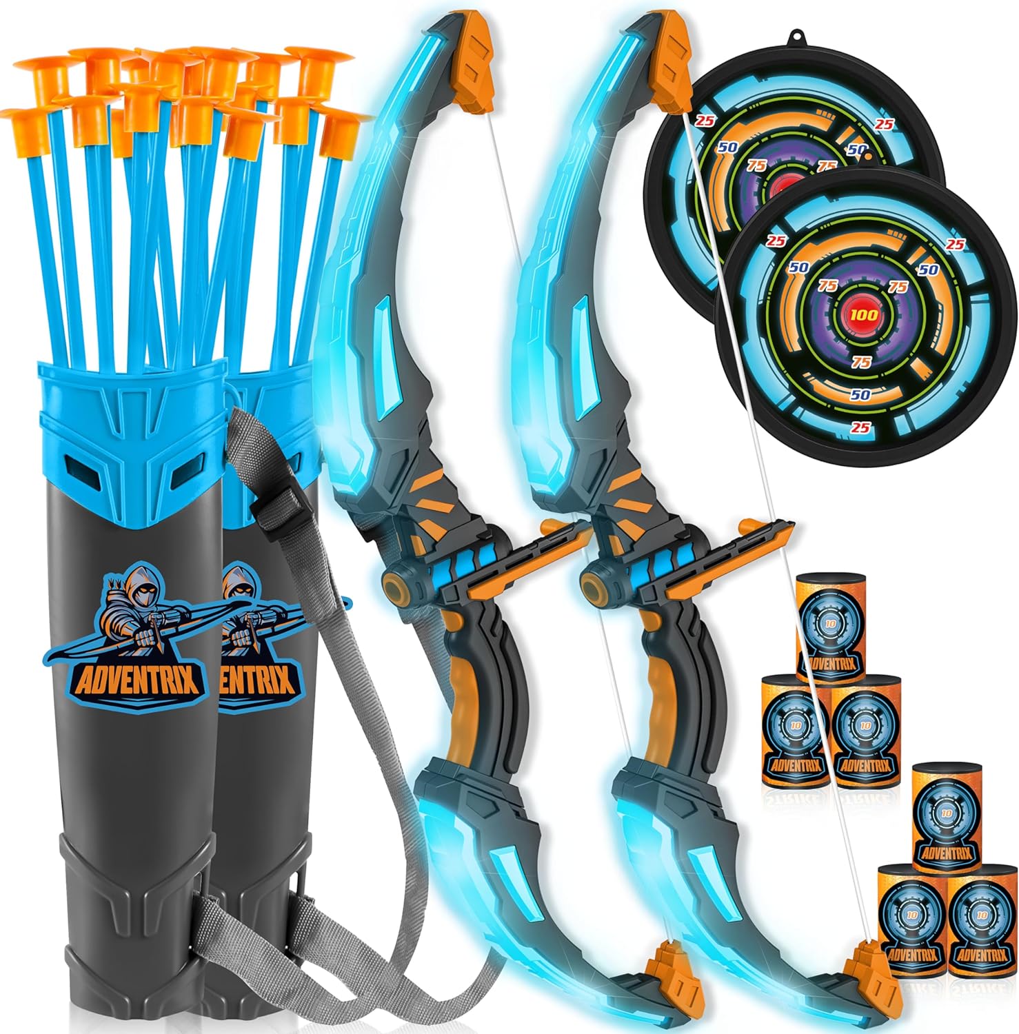 JOYIN 2 Pack Bow and Arrow Archery Toy Set for Kids, Light Up Archery Play Set with 2 Luminous Bows, 18 Suction Cups Arrows, 6 Targets, and 2 Quivers