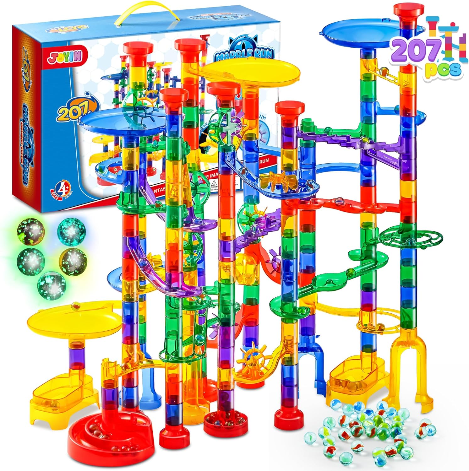 JOYIN 207Pcs Glowing Marble Run, Construction Building Blocks Toys with 5 Glow in The Dark Glass Marbles, STEM Toy for Boys and Girls, Educational Toy(147 Plastic Pieces + 60 Glass Marbles)