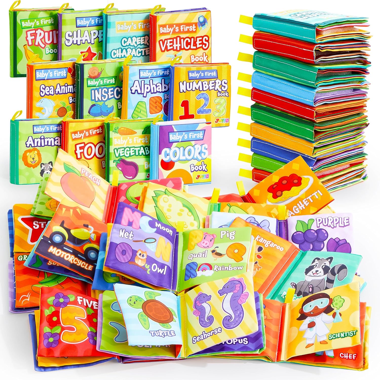 JOYIN 12 Pcs Bath Books, Nontoxic Fabric Soft Crinkly Cloth Books, Waterproof, Bathtub Pool and Early Education First Toys for Infant Newborn Baby Toddlers Kids Birthday Gifts