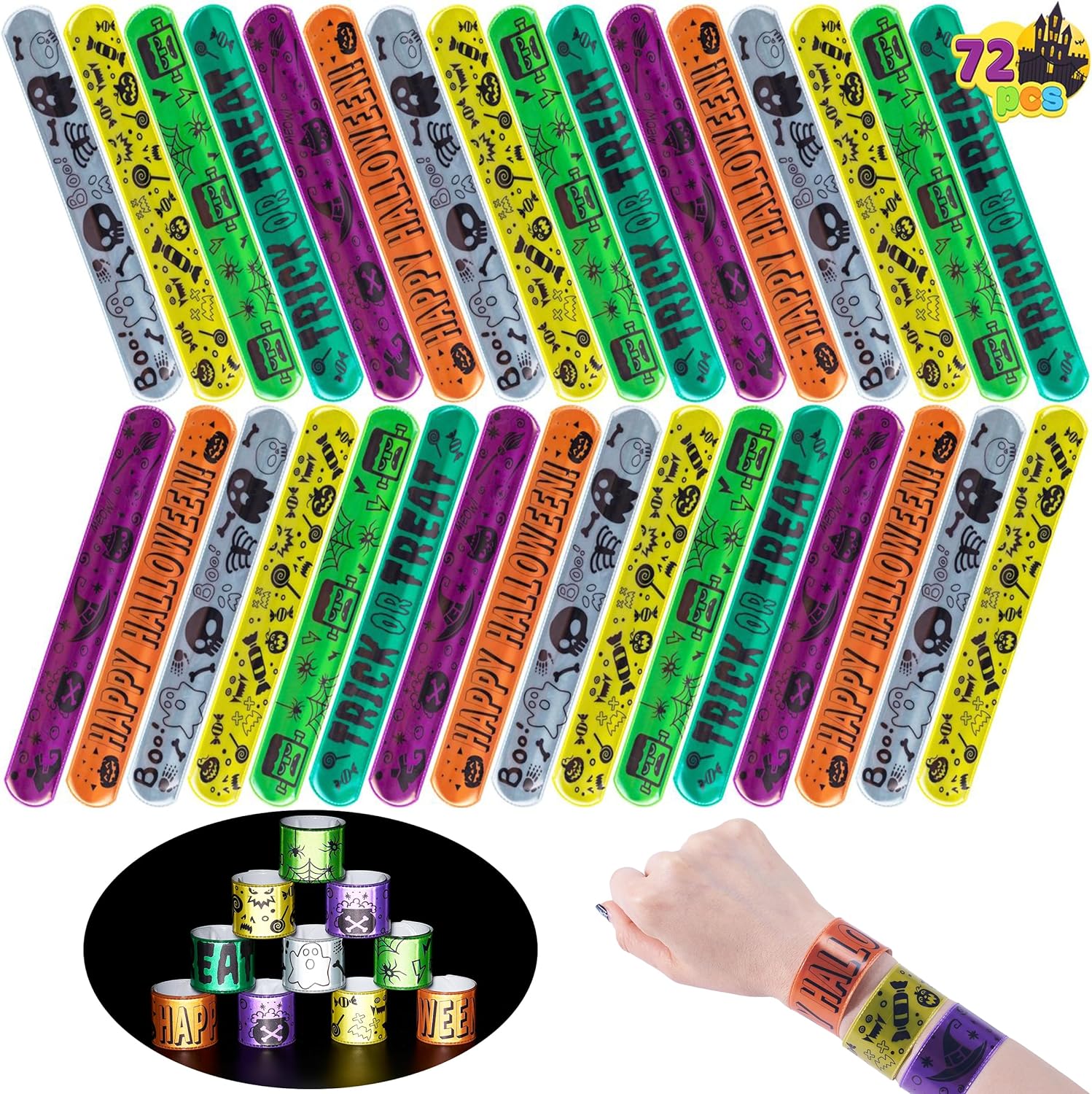 JOYIN 72 Pcs Halloween Reflective Slap Bracelets Wristbands with 6 Design for Kids Boys and Girls Birthday Party Favors, Classroom Prizes, Halloween Trick or Treat Bag Filler