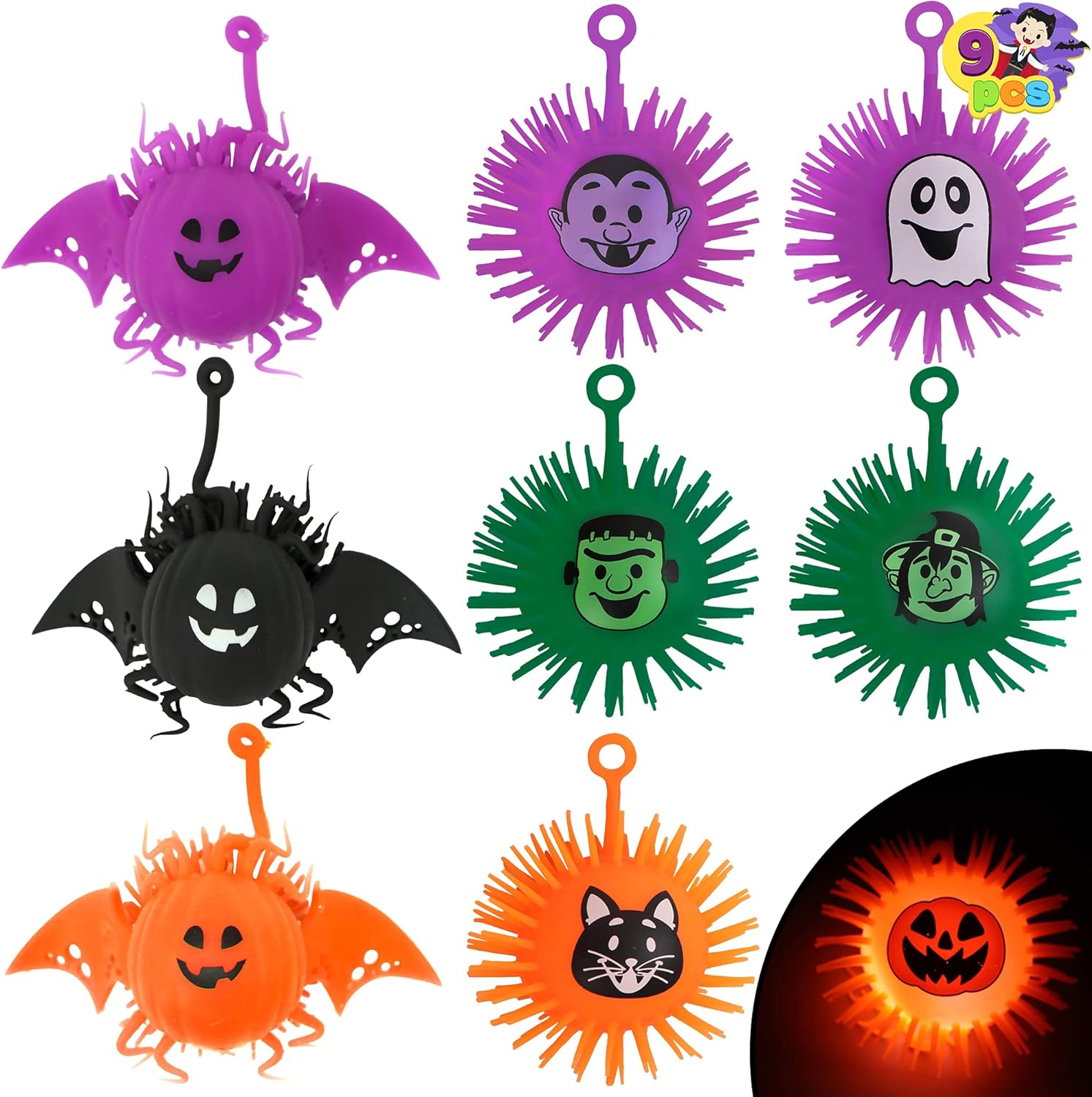 JOYIN 9 PCS Halloween Glow Puffer Balls, LED Squeeze Squishy Toys for Kids Gifts, Stress Relief Light up Party Favor, Trick or Treat Goodie Bag Fillers