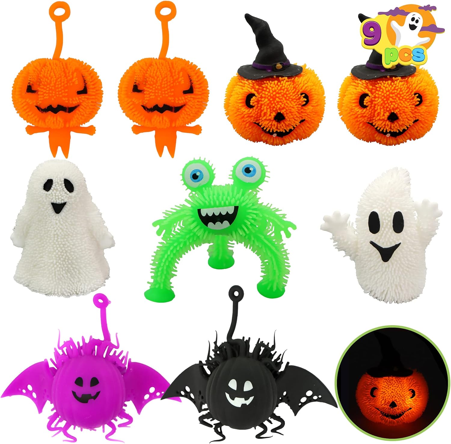 JOYIN 9 PCS Halloween LED Stress Relief Puffer Balls, Light Up Squeeze Squishy Toys for Kids, Glow in The Dark Ghost Pumpkin Monster Spider Puffer Toys, Halloween Party Favor Goody Bag Fillers