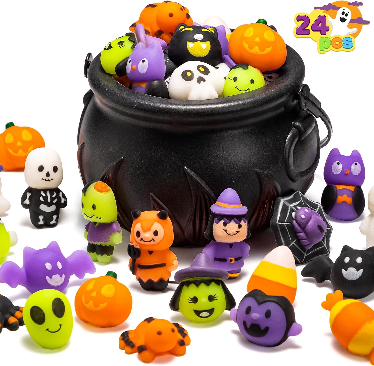 JOYIN Halloween Cauldron with 24 Pcs Mochi Squeeze Toys for Party Favors, Halloween Squishy Toy, Halloween Novelty Toys, Stress Relief Squeeze Toys