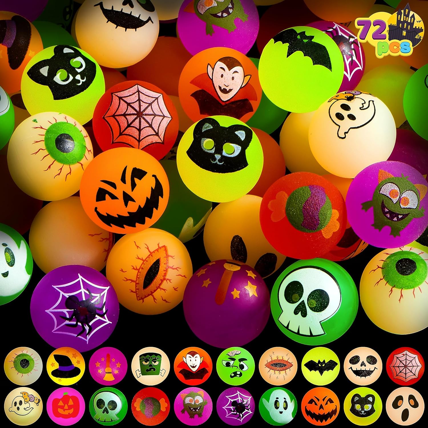 JOYIN 72 PCS Halloween Bouncy Balls, 20 Designs Glow in The Dark Bouncy Party Favors Supplies for Kids, Halloween Bouncy Balls Party Supplies, Trick or Treating Goodie, School Class Game Rewards