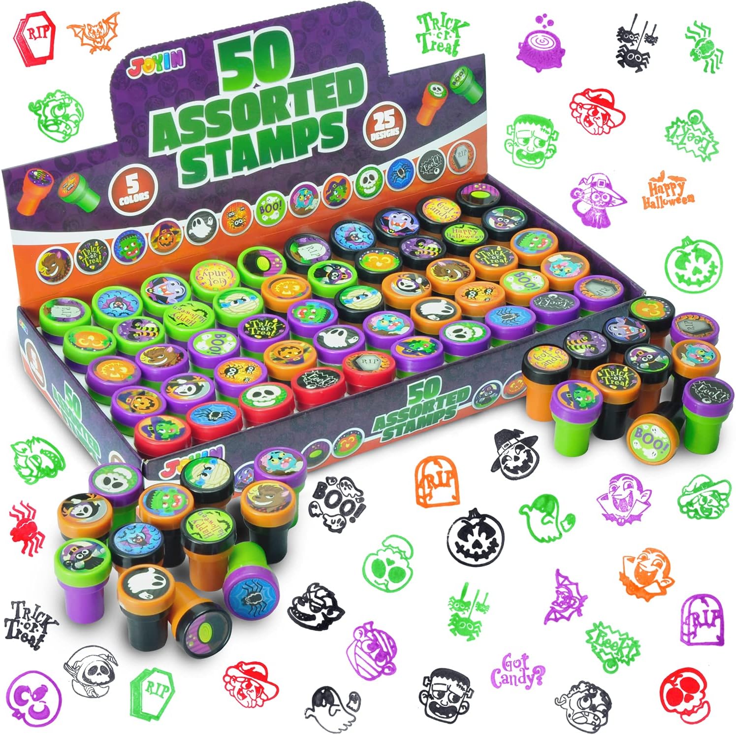 JOYIN 50 PCS Halloween Assorted Stamps Kids Self-Ink Stamps, Halloween Style Design Stamps for Kids Halloween Party Supplies, Trick or Treat Spooky Stamps