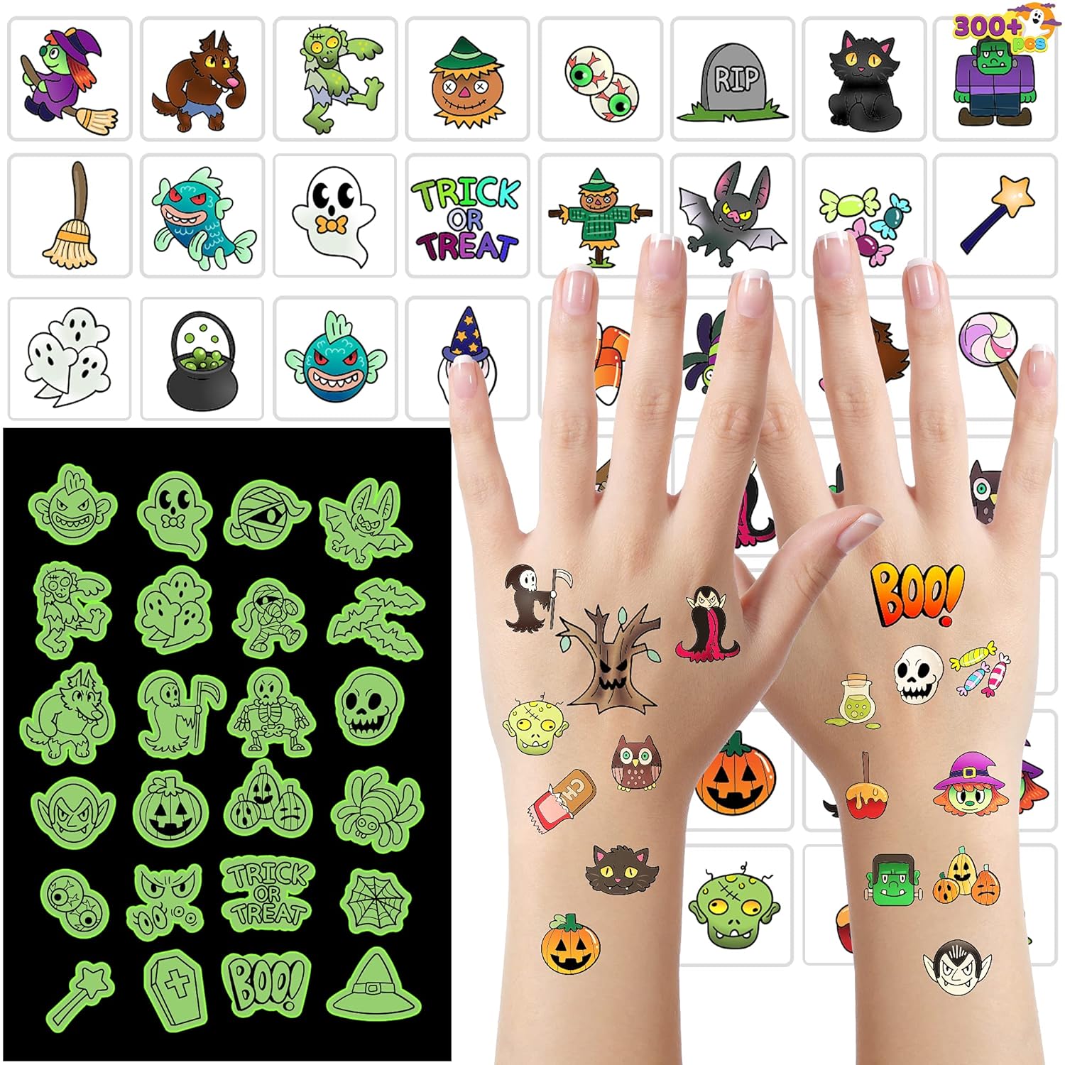 JOYIN 300  Assorted Halloween Tattoos, 42 Designs including Glow in the Night Children Tattoos for Halloween Trick or Treat Party Favor and Supplies, Themed Gifts