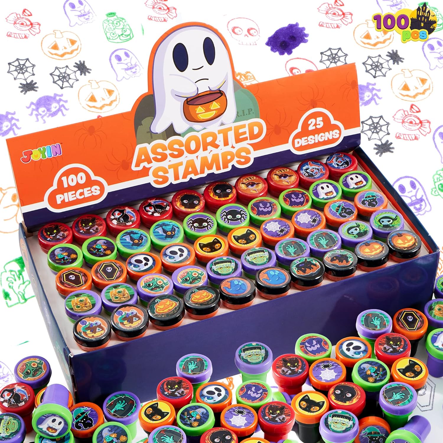 JOYIN 100 PCS Halloween Stamps for Kids Gift, 25 Designs Assorted Self-Ink Stamps, Trick or Treat Party Favors Supplies Stampers, Goodie Bag Stuffers, School Carnival Game Prizes