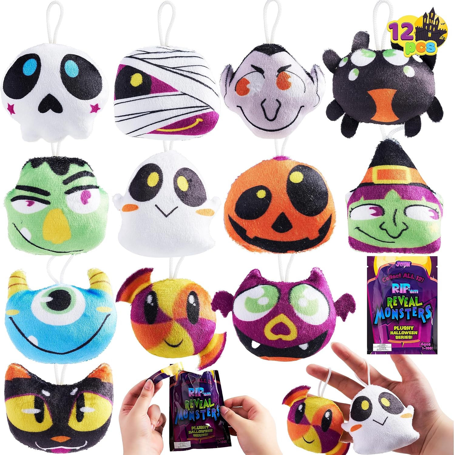 JOYIN 12 pcs Halloween Mini Plush Toy in Blind Bags, Halloween Mystery Toy Surprise Bag, Plush Toy Assortments for Kids Halloween Party Favors, Trick or Treat Gift Exchange, Halloween Goodie Fillers